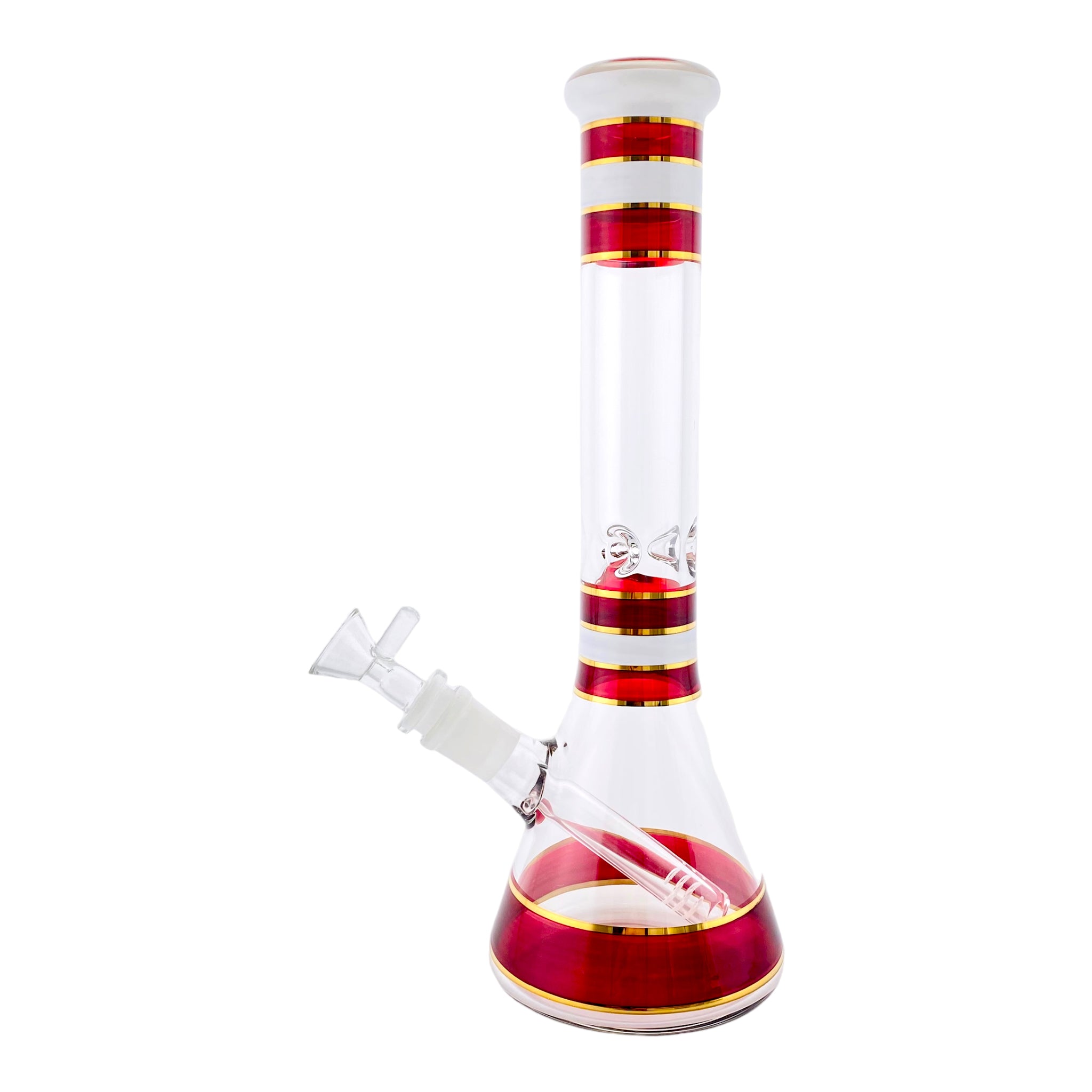 12 Inch Glass Beaker Bong With Red, White, And Gold Accents