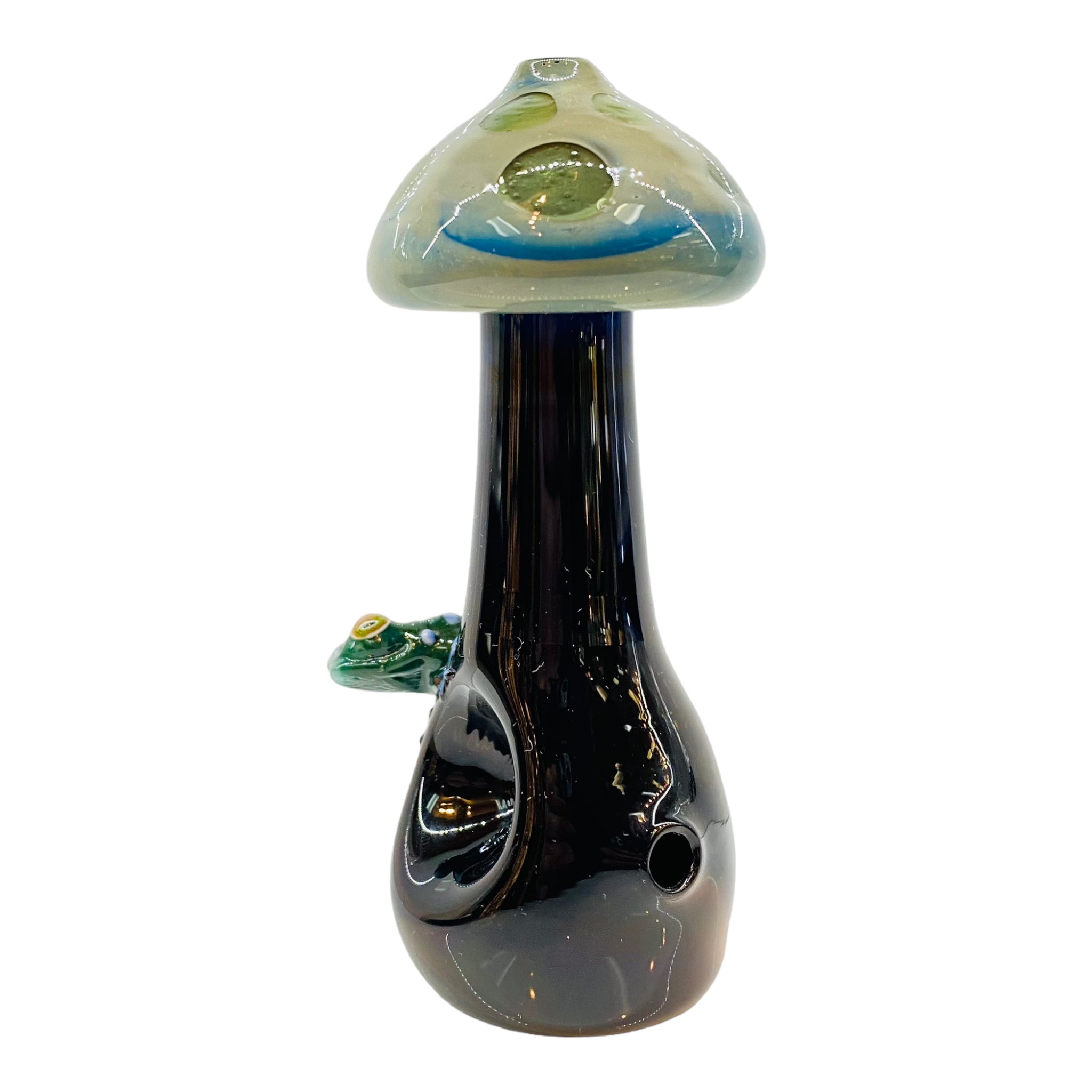 Blue Mushroom Shaped Glass Hand Pipe With Blue Gecko On Side