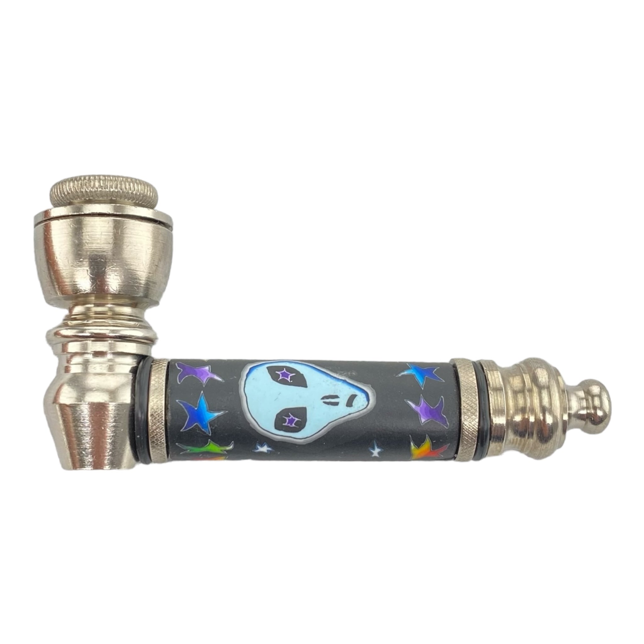 Metal Hand Pipes - Silver Chrome Hand Pipe With Blue Glow In The Dark Alien Head