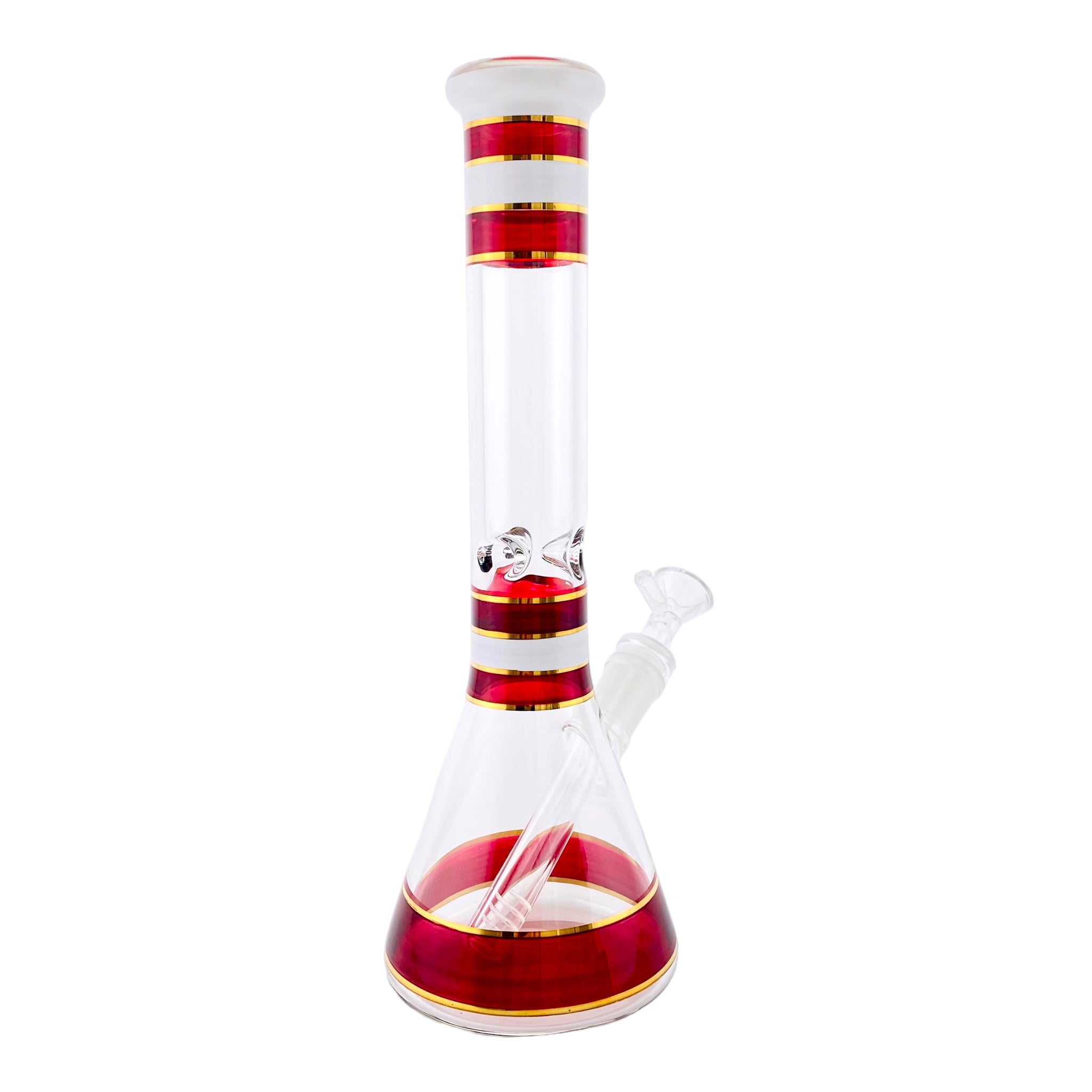 12 Inch Glass Beaker Bong With Red, White, And Gold Accents