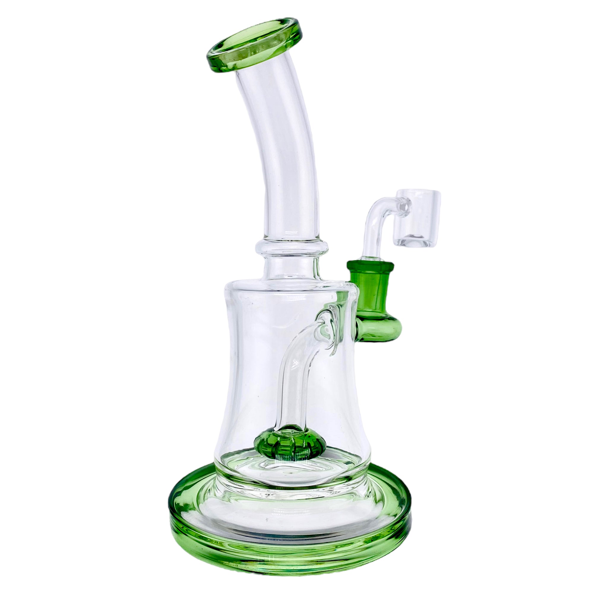 Small Clear Dab Rig With Green Showerhead Perc has 14mm female fitting