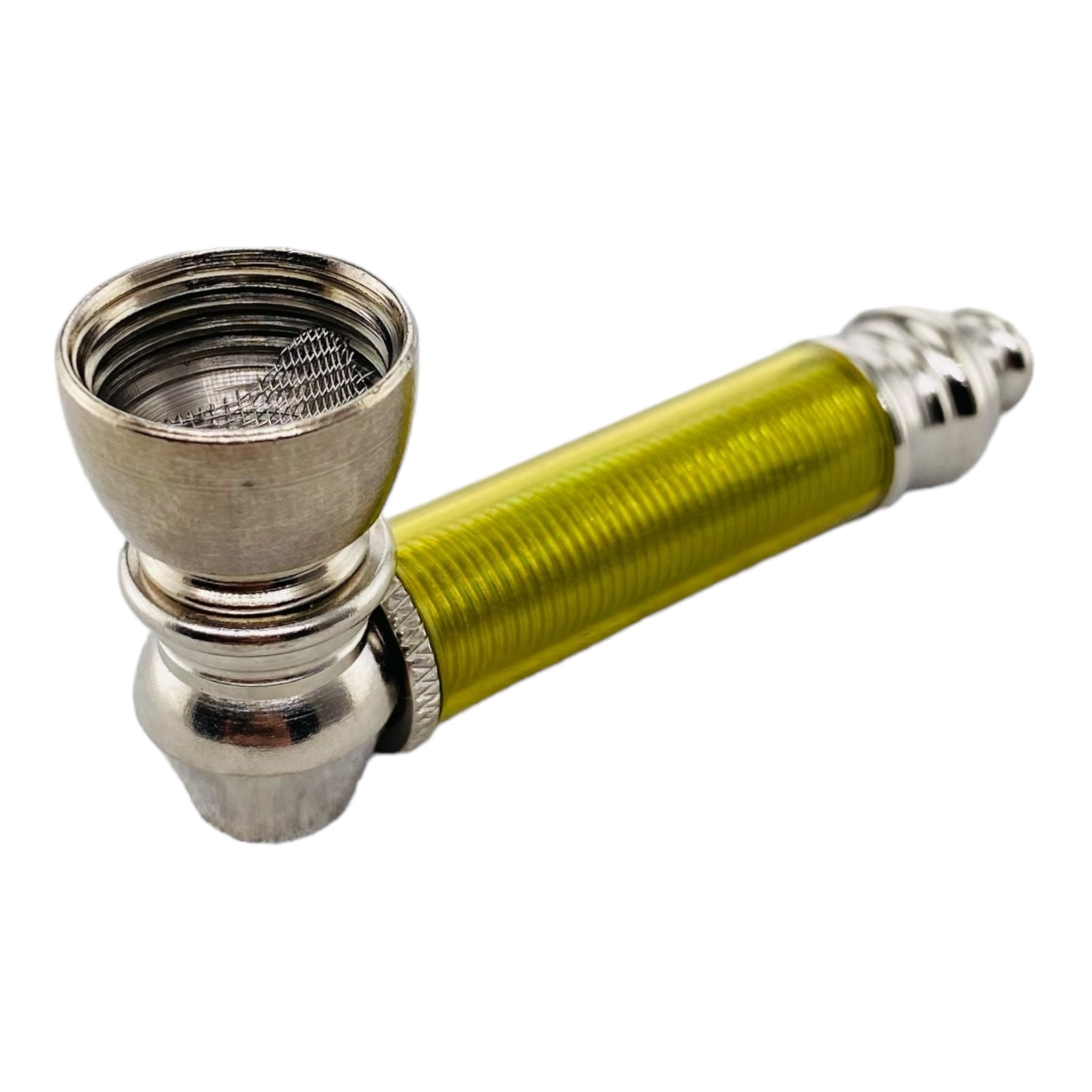 Metal Hand Pipes - Silver Chrome Hand Pipe With Yellow Plastic Stem
