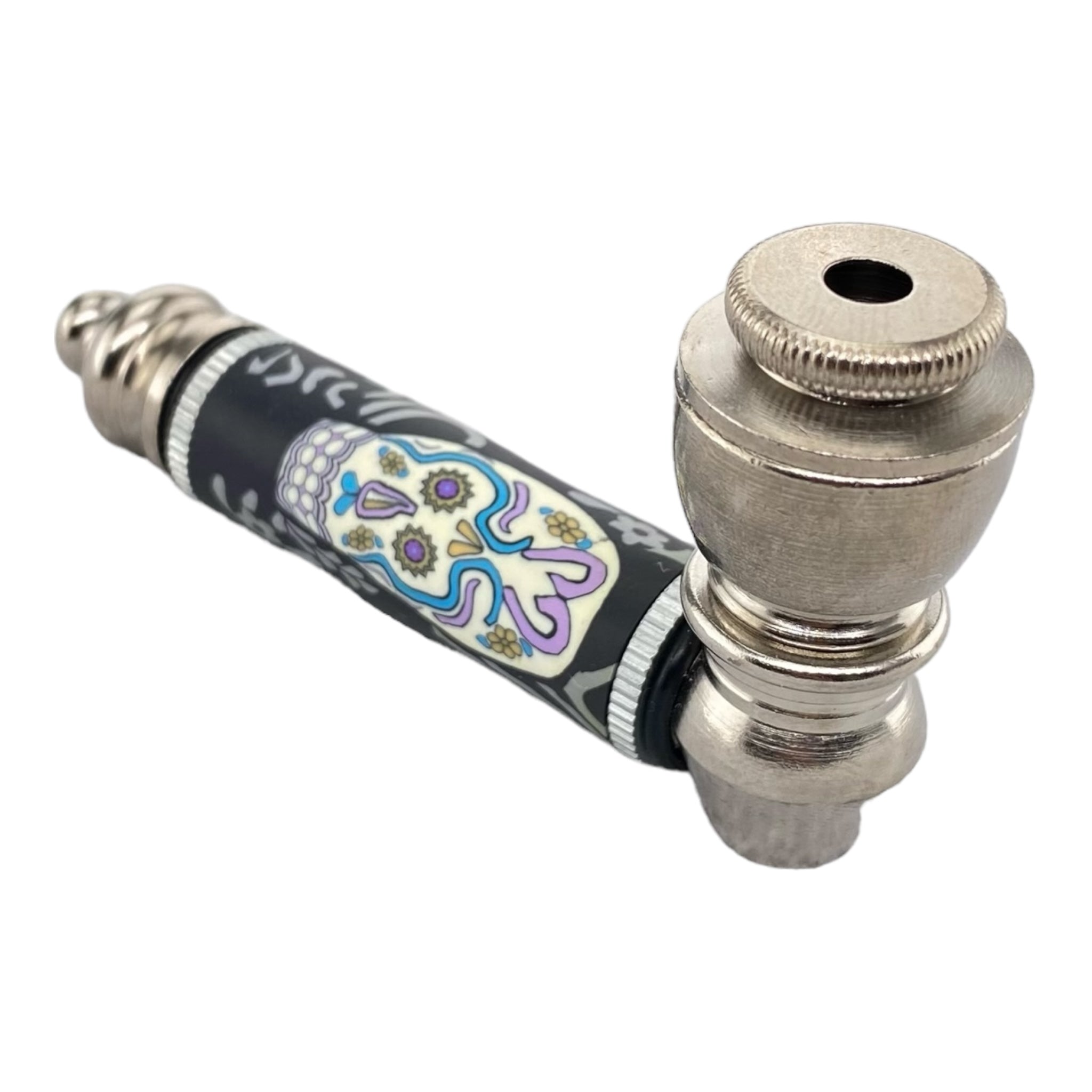 Metal Hand Pipes - Silver And Black Hand Pipe With Purple Candy Skull