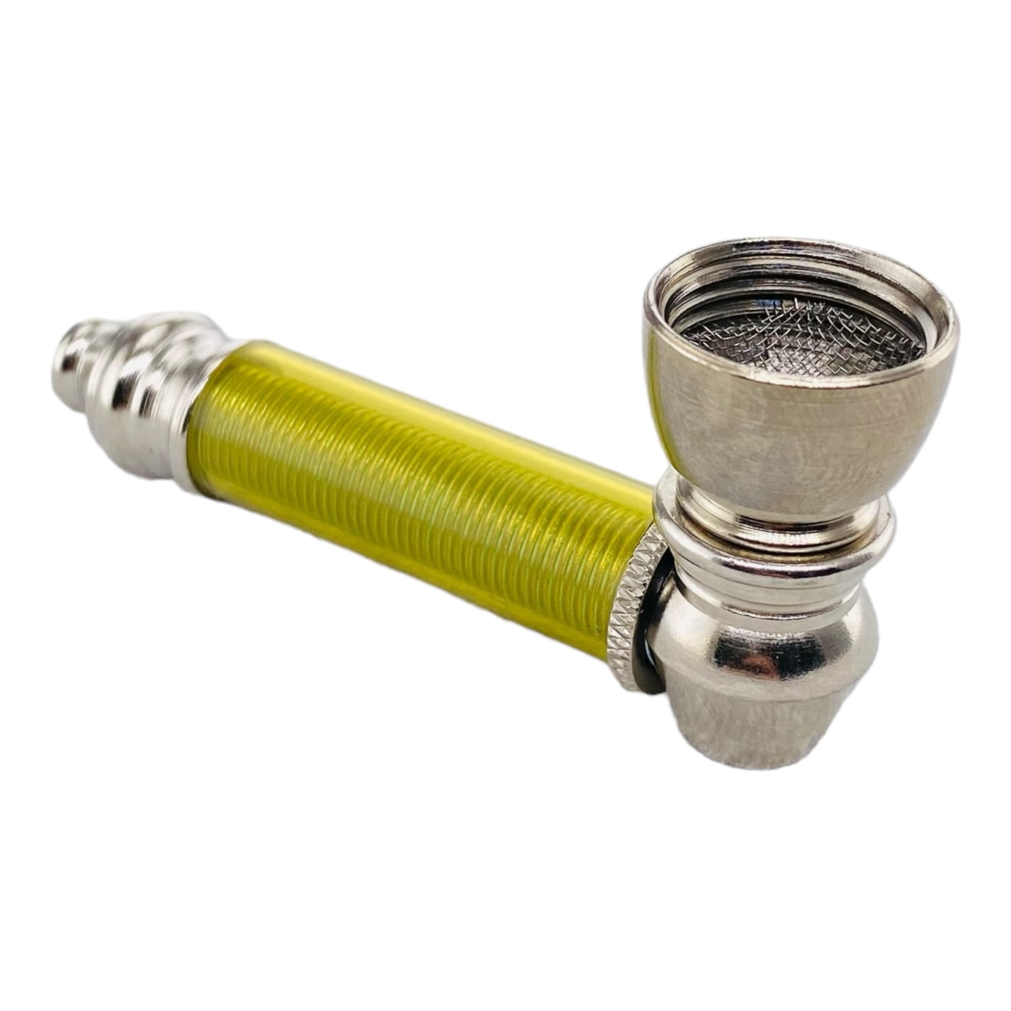 Metal Hand Pipes - Silver Chrome Hand Pipe With Yellow Plastic Stem