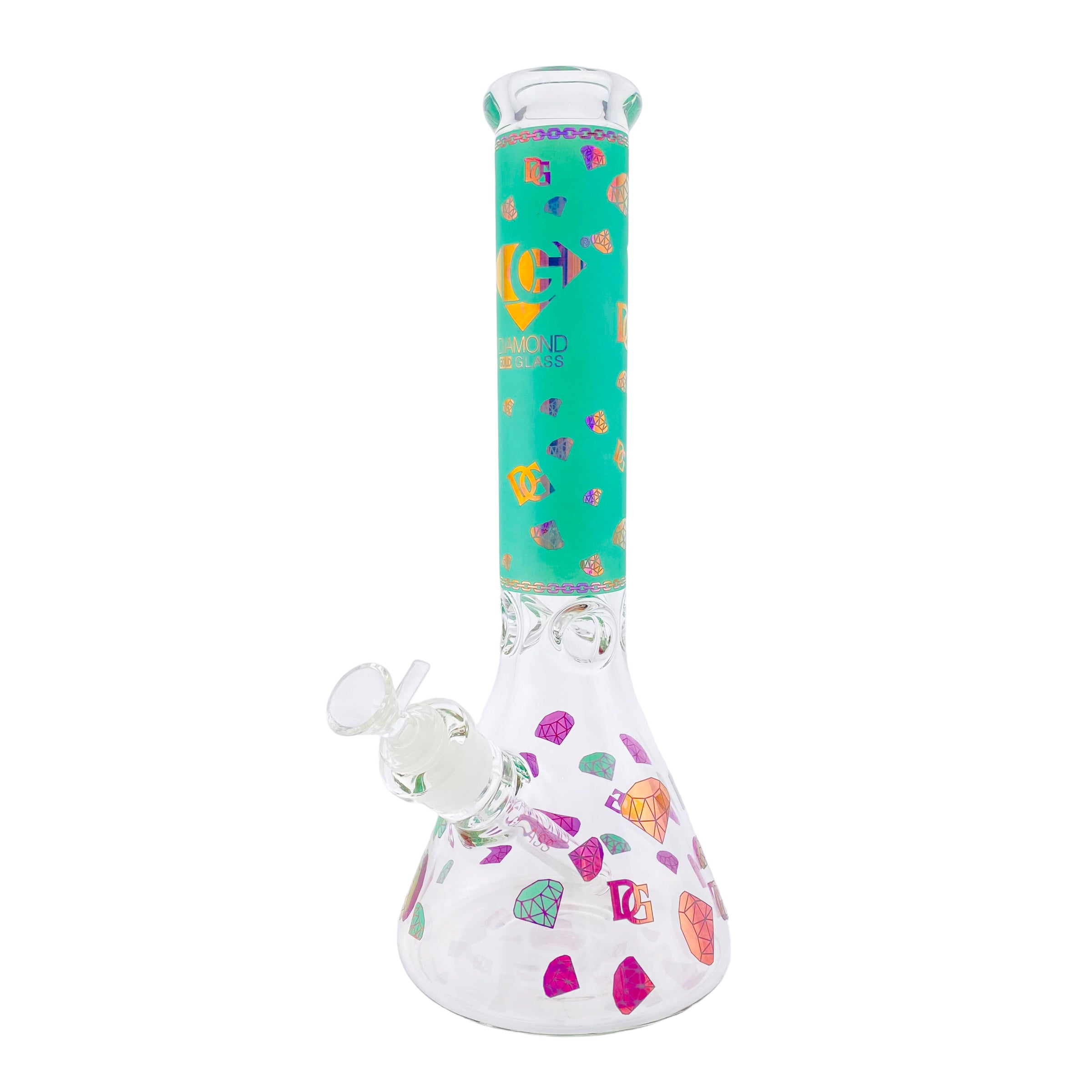 Diamond Glass 9mm Beaker Bong With Green And Pink Diamond Decals