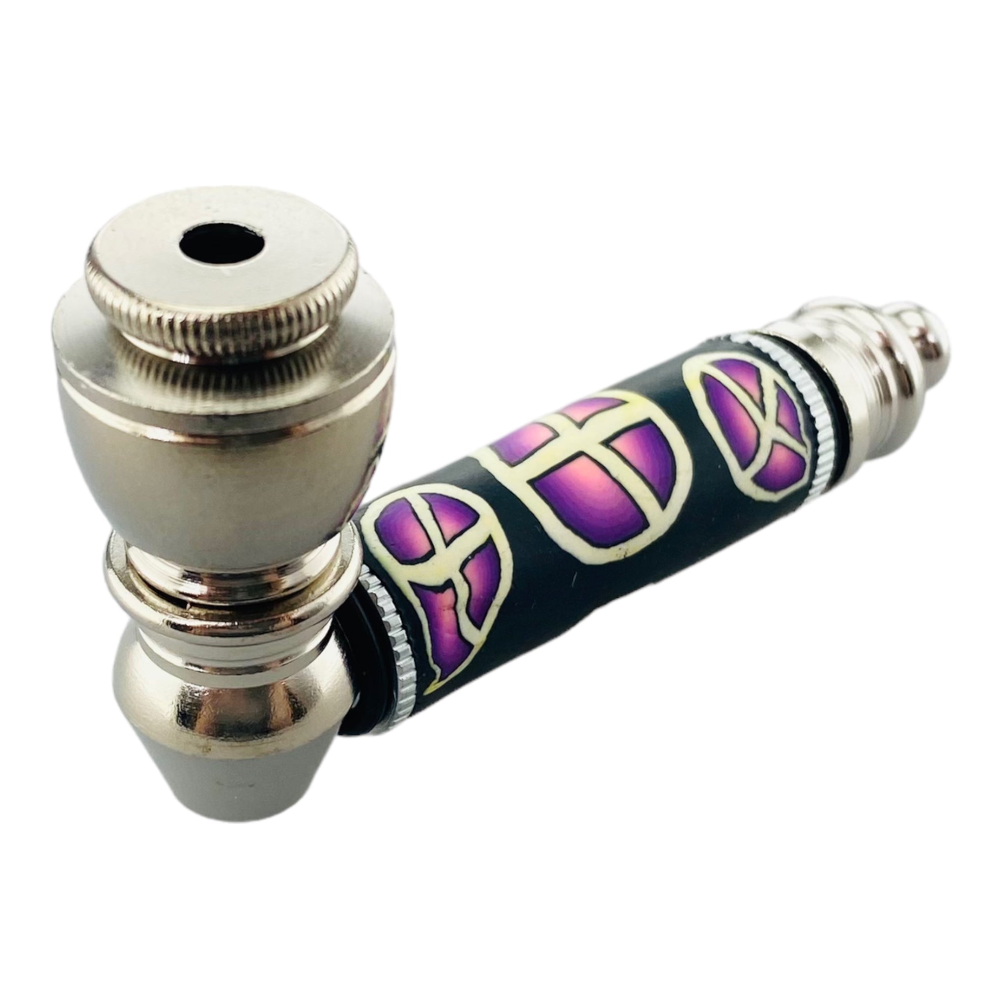 Silver Chrome smoking Hand Pipe With Purple Peace Signs