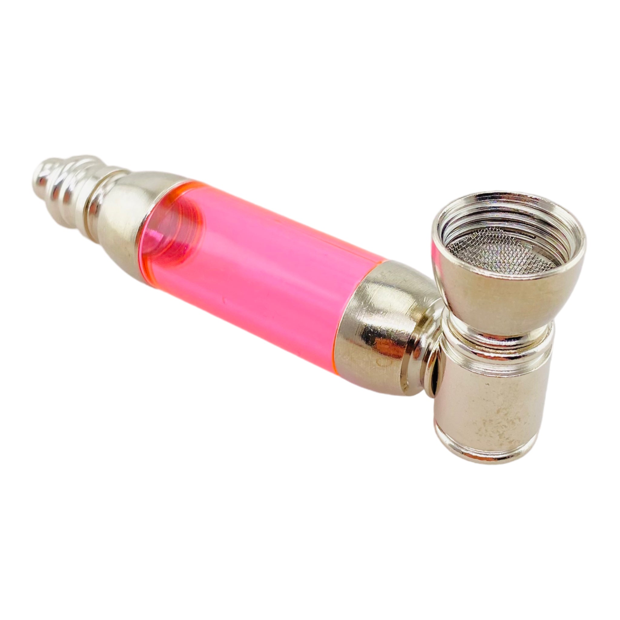 cute girly Metal Hand Pipes - Silver Chrome Hand Pipe With Large Pink Plastic Chamber