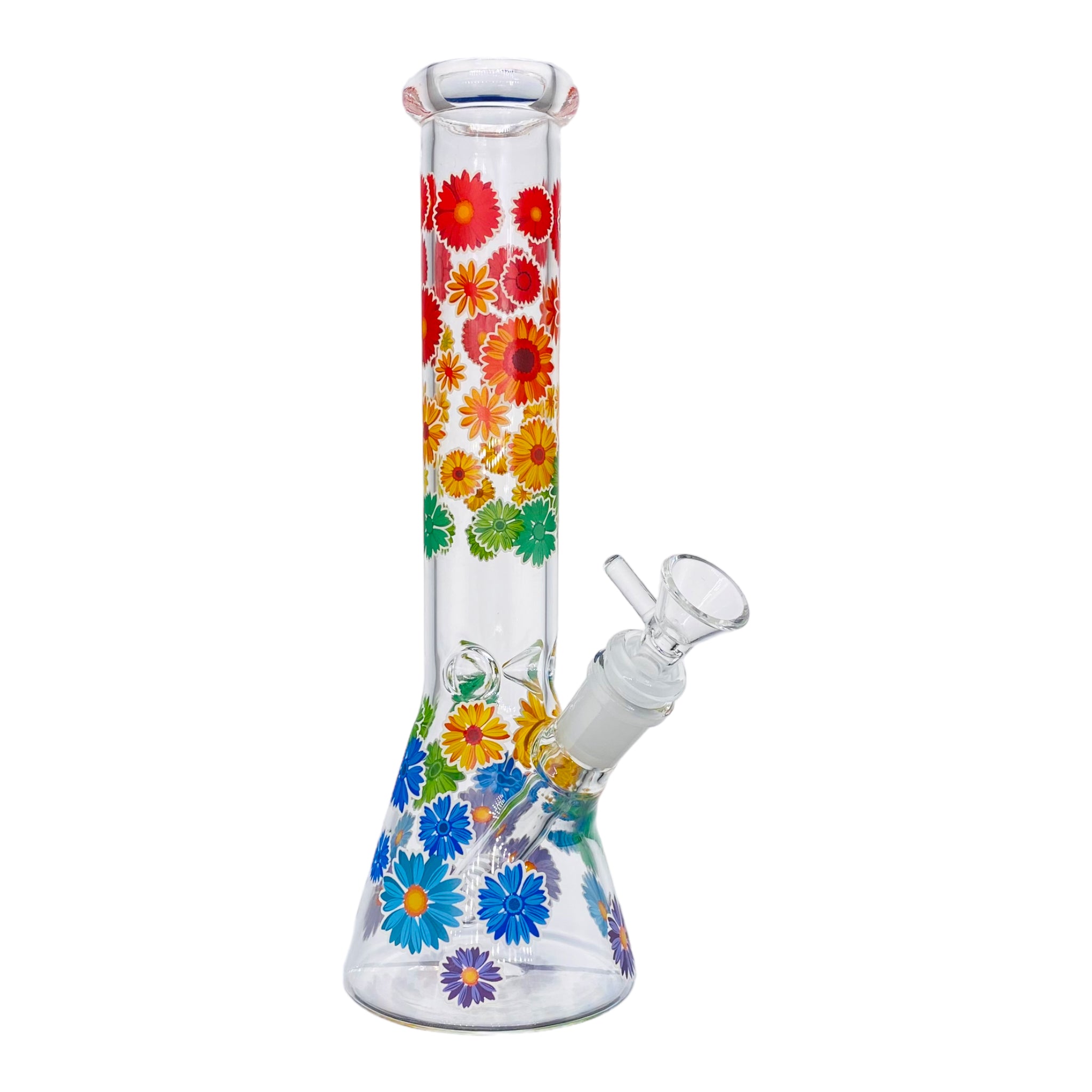 10 Inch Clear Beaker Glass Bong With Rainbow Daisy Flowers