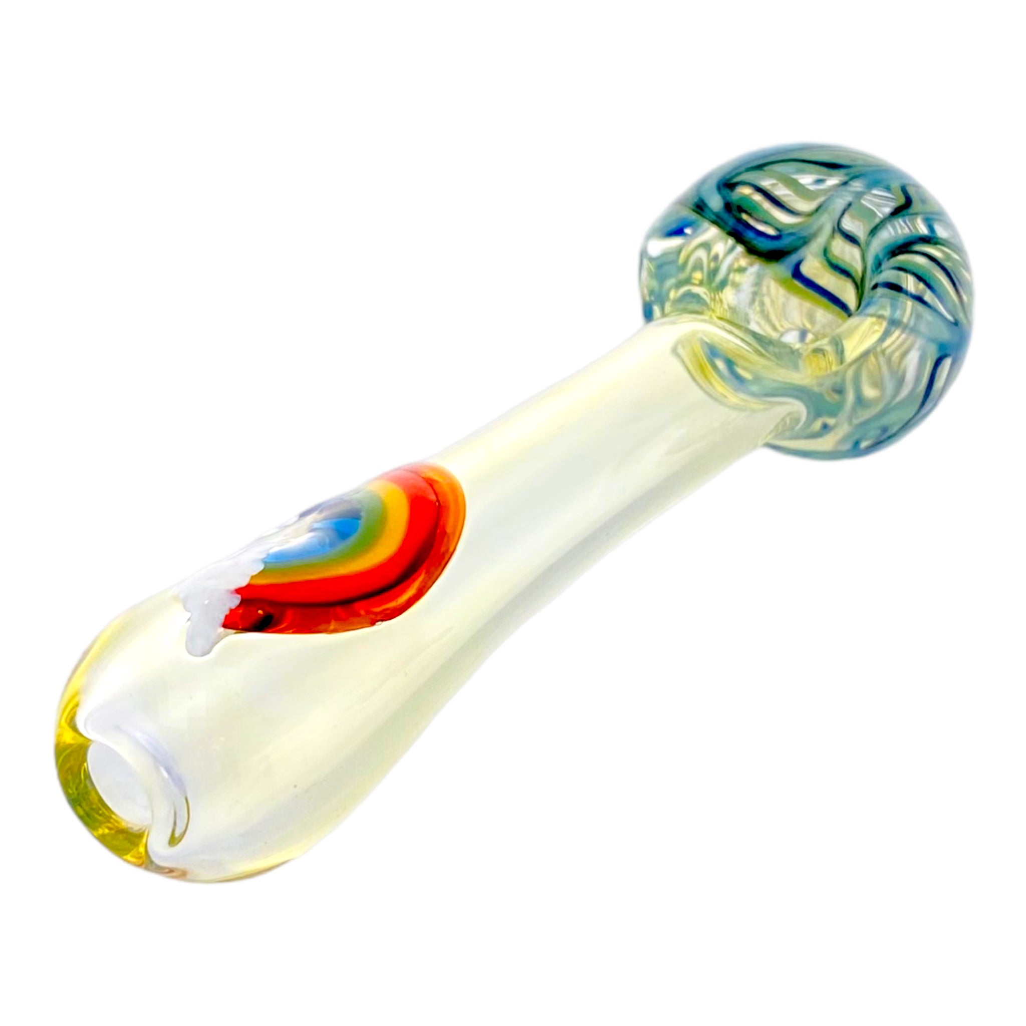 Fumed Glass Hand Pipe With Rainbow And Blue Wig Wag Bowl