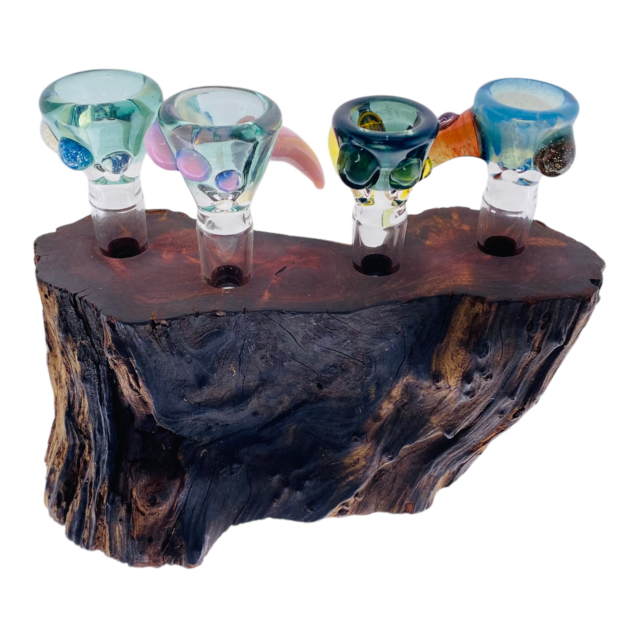 4 Hole Wood Display Stand Holder For 14mm Bong Bowl Pieces Or Quartz Bangers - Red Wood Burl With Live Edge