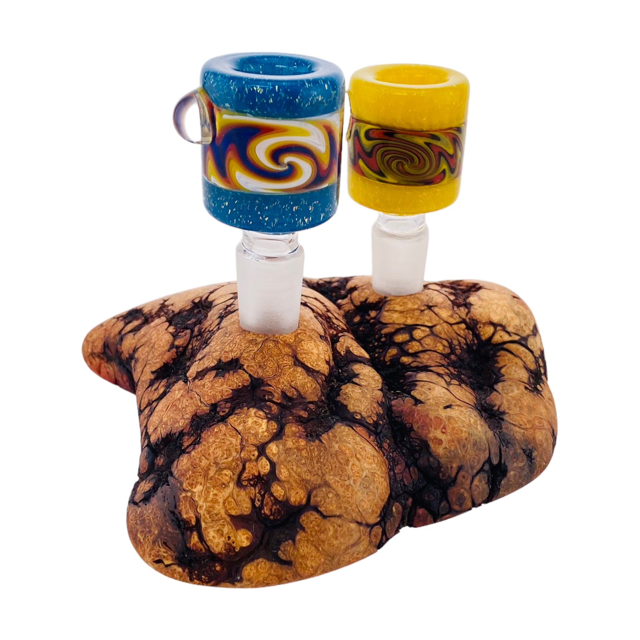 2 Hole Wood Display Stand Holder For 14mm Bong Bowl Pieces Or Quartz Bangers - Charred Manzanita Burl