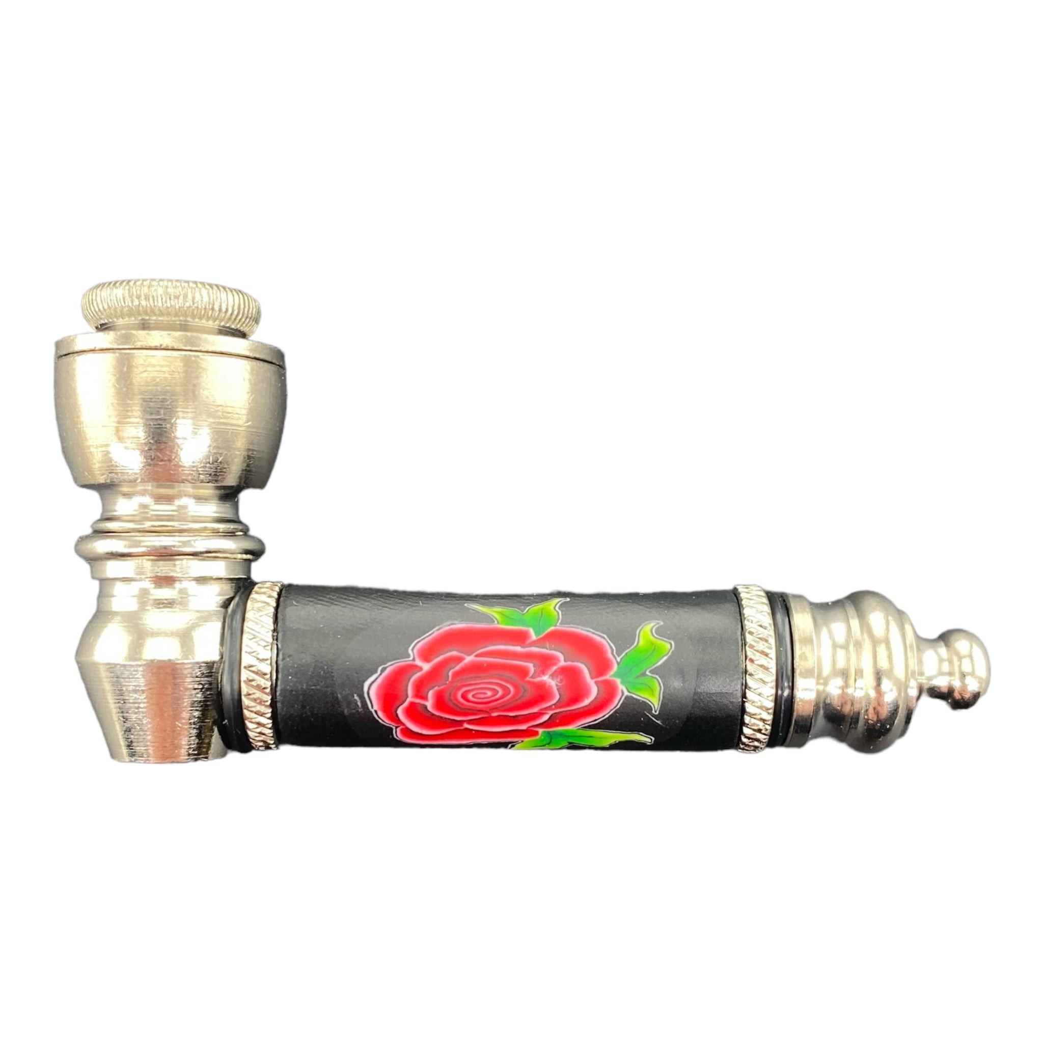 Metal Hand Pipes - Silver Chrome Hand Pipe With Red Rose On Black Stem