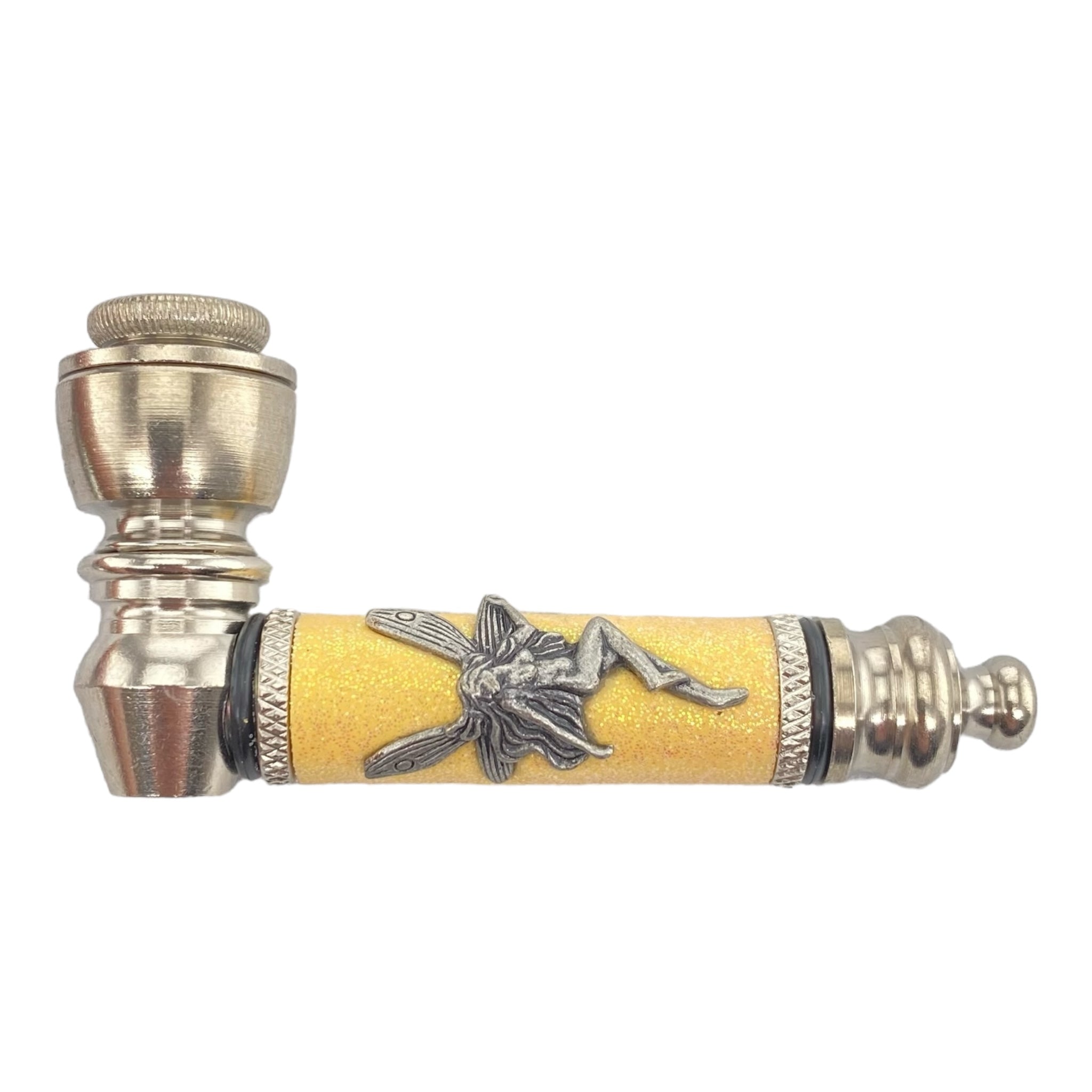 Metal Hand Pipes - Silver Chrome Hand Pipe With Sparkles And Fairy Yellow