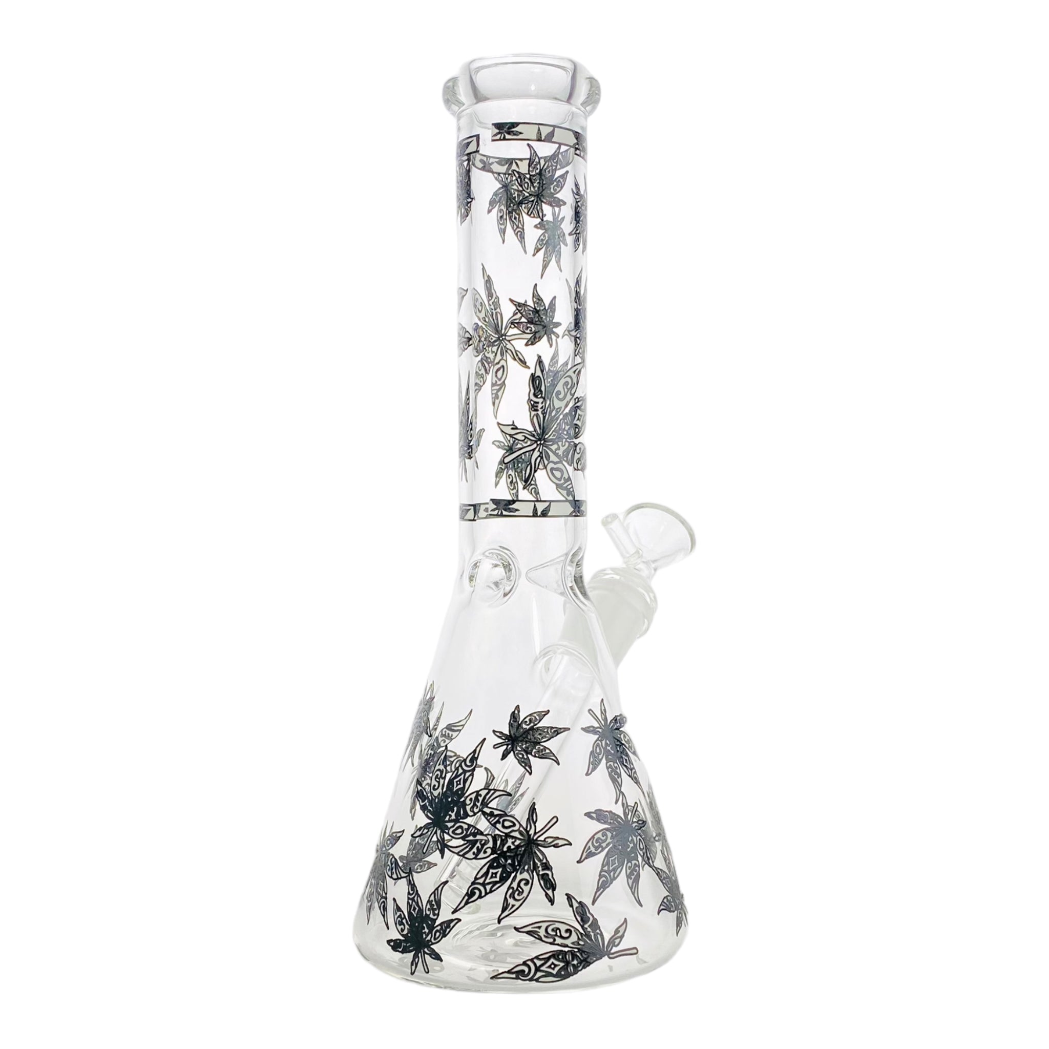 10 Inch Glass Beaker Bong with Decorative Weed Leaves