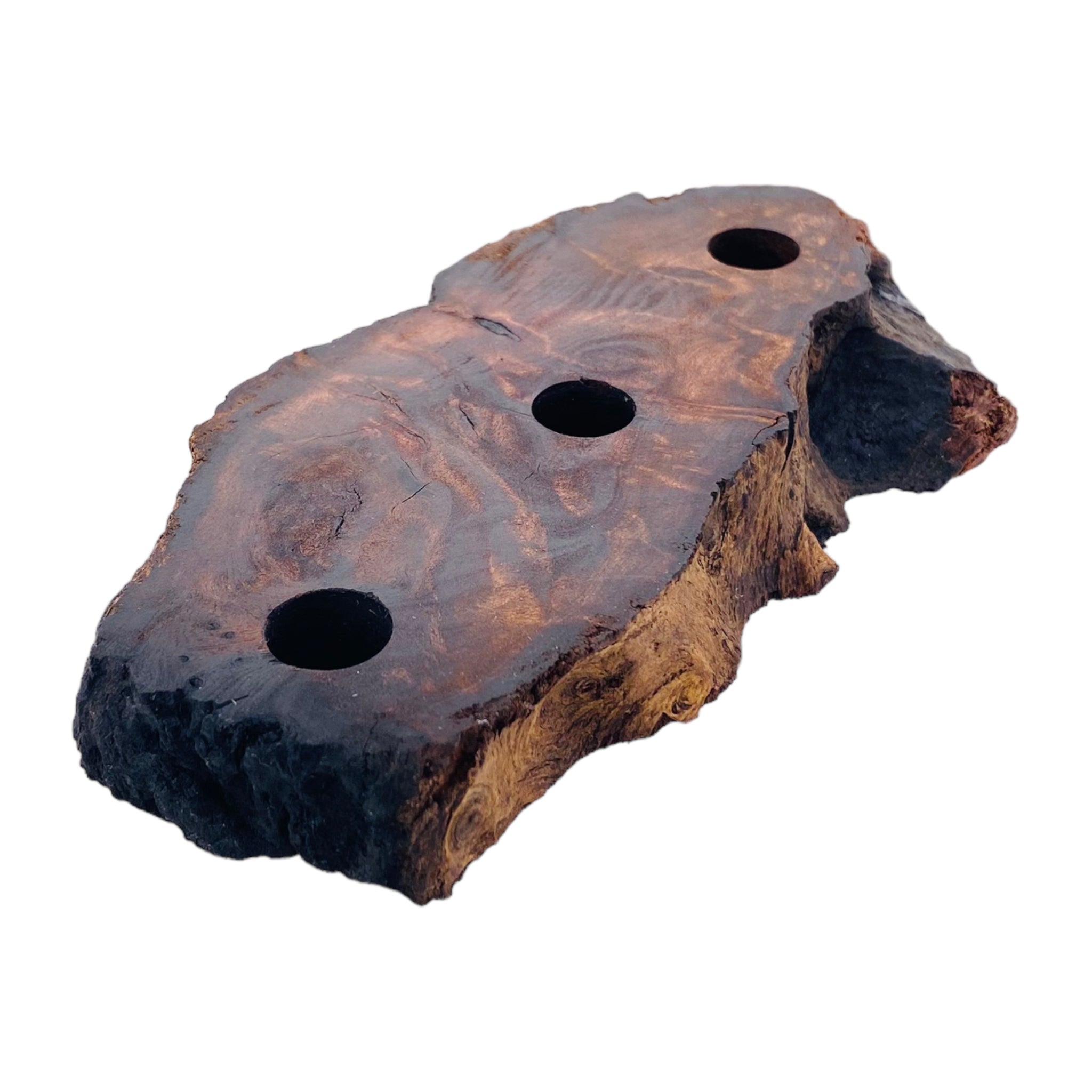 3 Hole Wood Display Stand Holder For 14mm Bong Bowl Pieces Or Quartz Bangers - Red Wood Burl With Live Edge #2