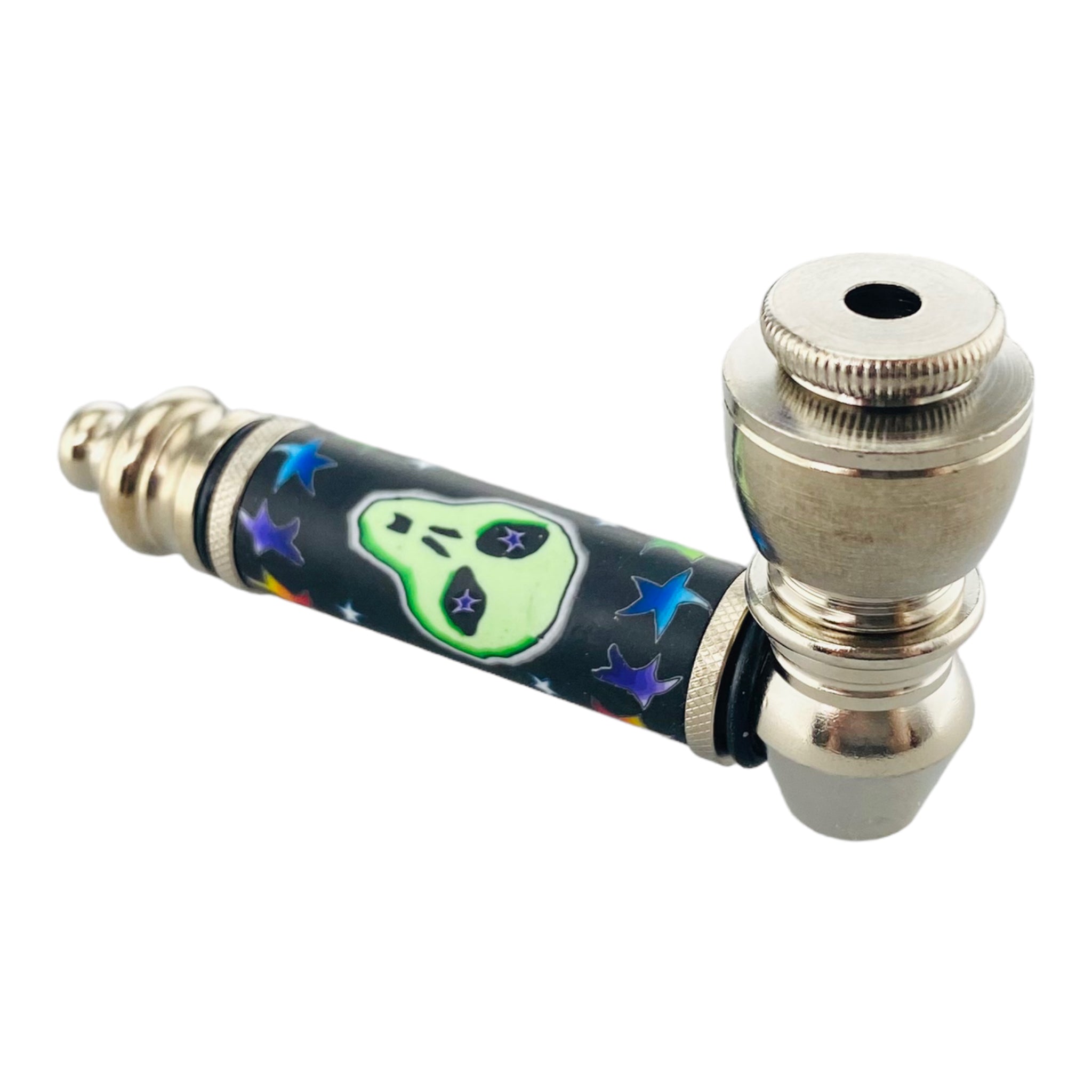 Silver Chrome Hand Pipe With Green Glow In The Dark Alien Head
