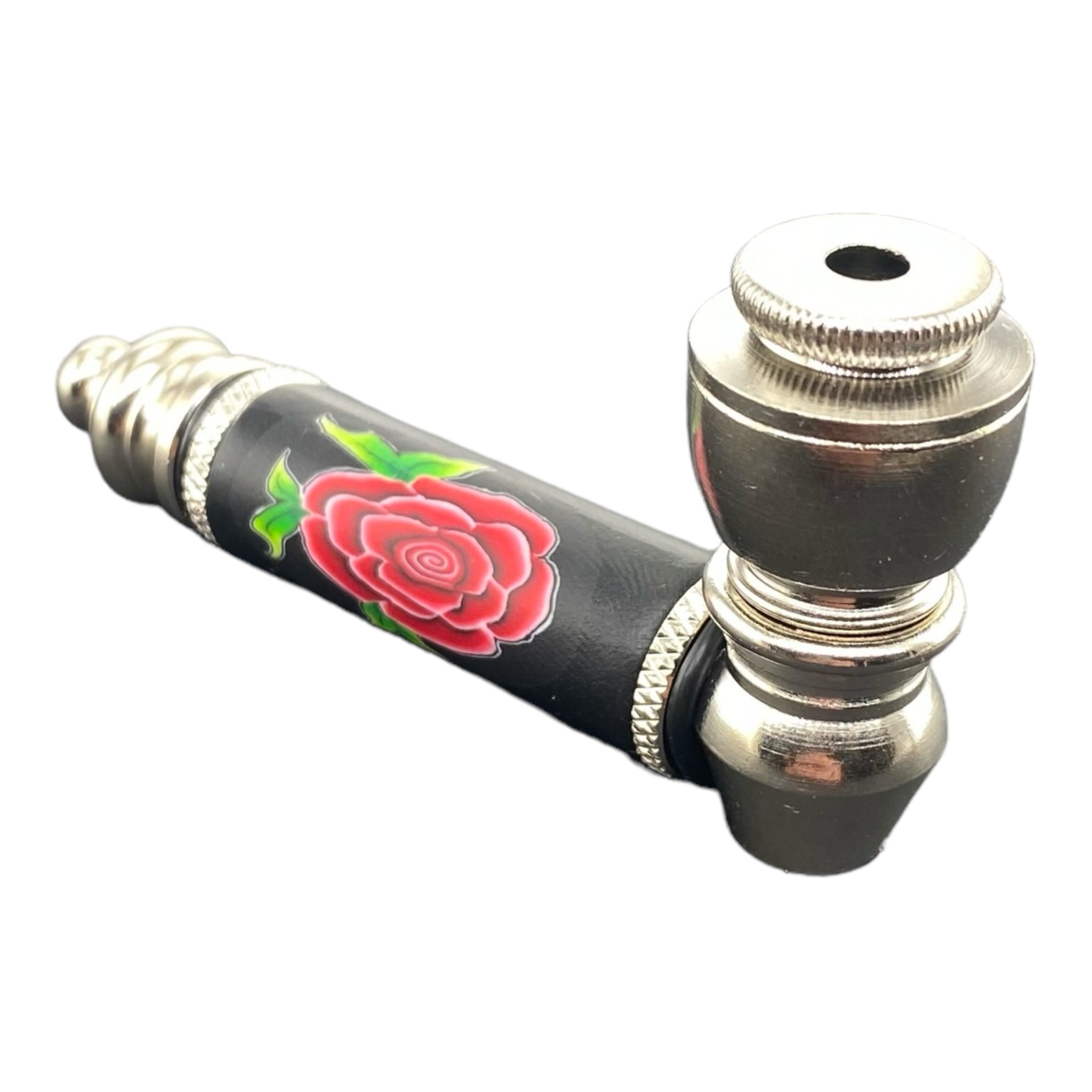 Metal Hand Pipes - Silver Chrome Hand Pipe With Red Rose On Black Stem