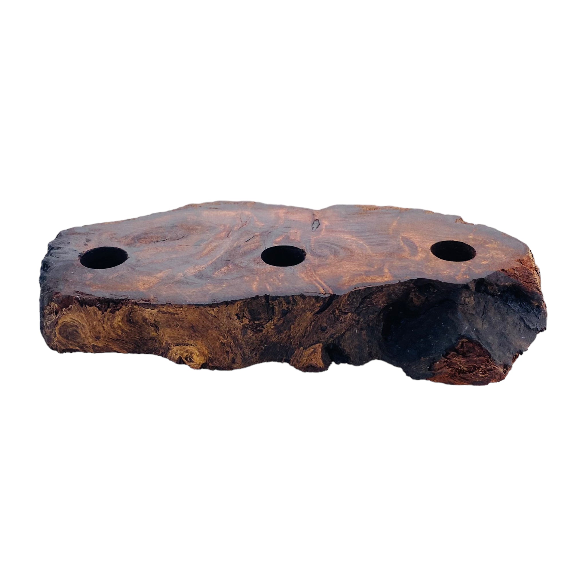3 Hole Wood Display Stand Holder For 14mm Bong Bowl Pieces Or Quartz Bangers - Red Wood Burl With Live Edge #2