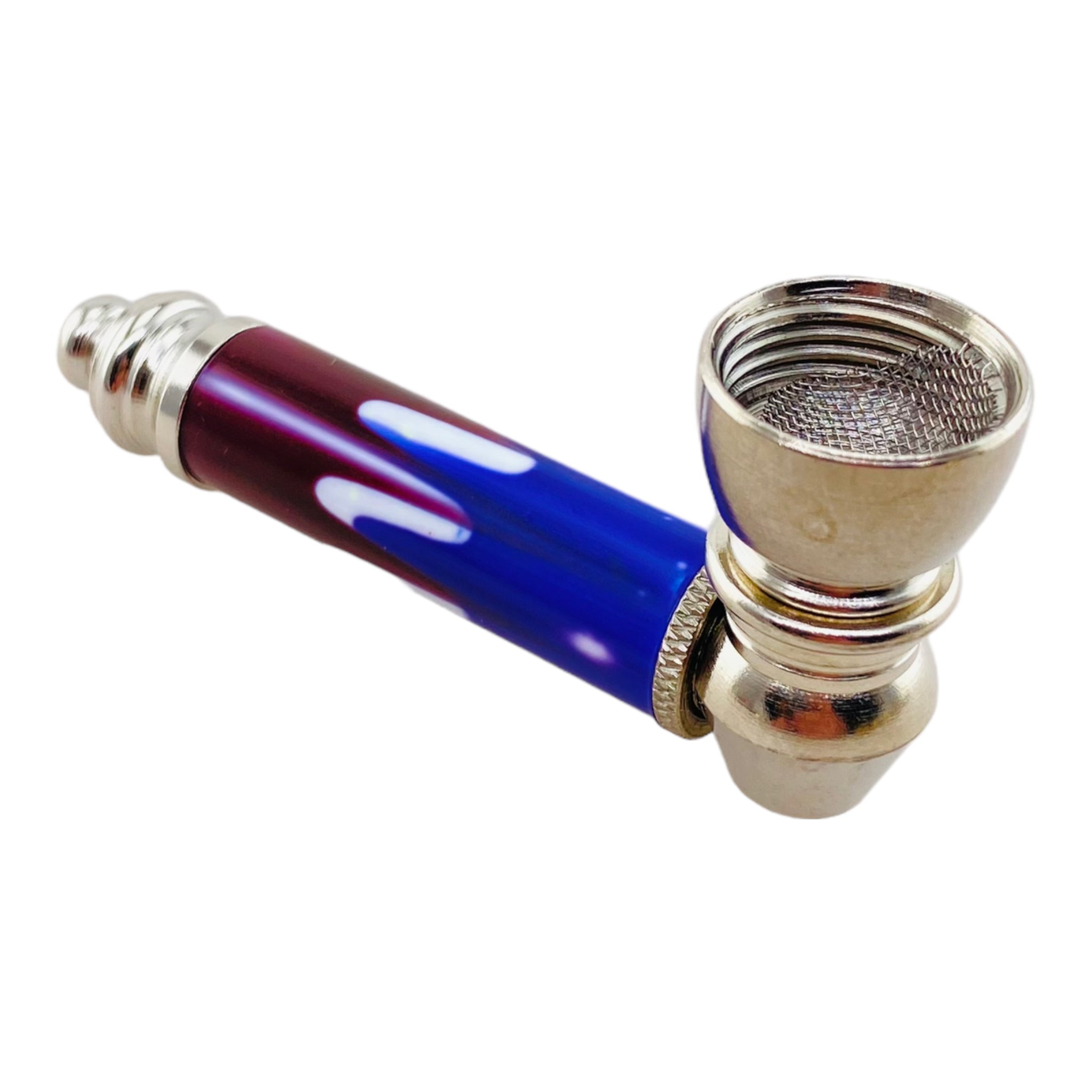 Metal Hand Pipes - Silver Chrome Hand Pipe With Blue And Purple Plastic Stem