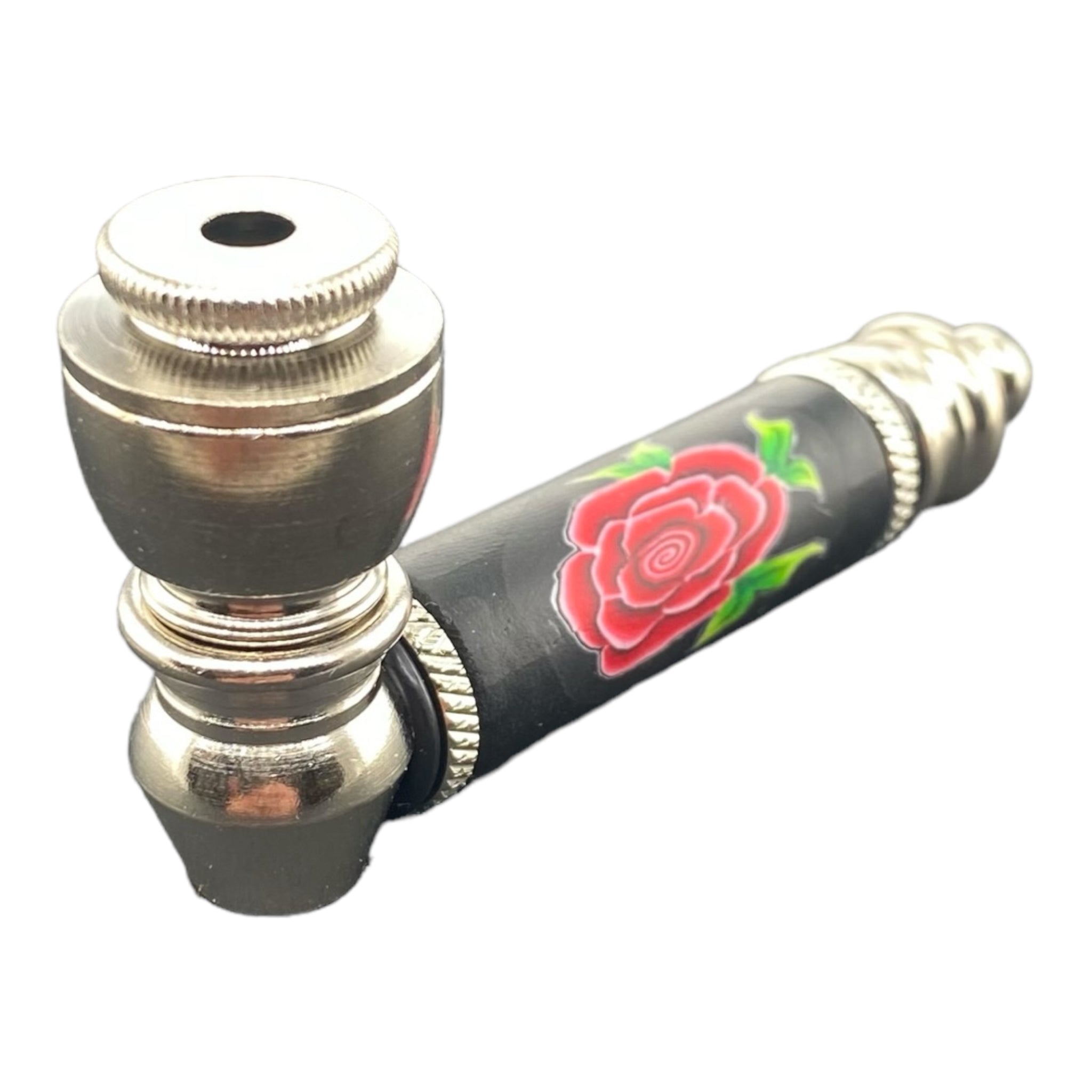 Metal Hand Pipes - Silver Chrome Hand Pipe With Red Rose On Black Stem