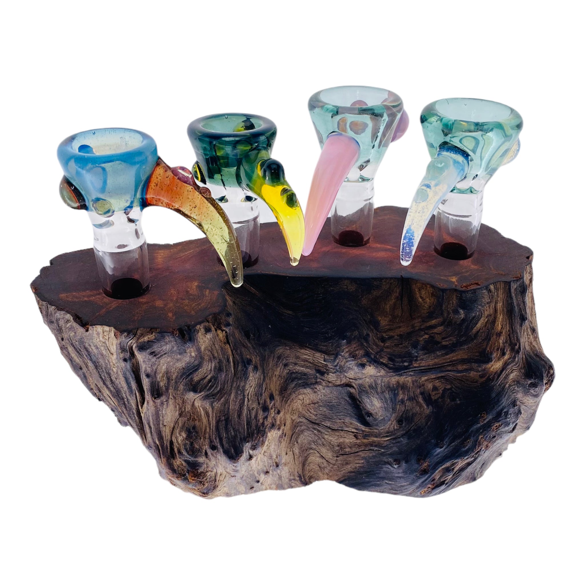 4 Hole Wood Display Stand Holder For 14mm Bong Bowl Pieces Or Quartz Bangers - Red Wood Burl With Live Edge