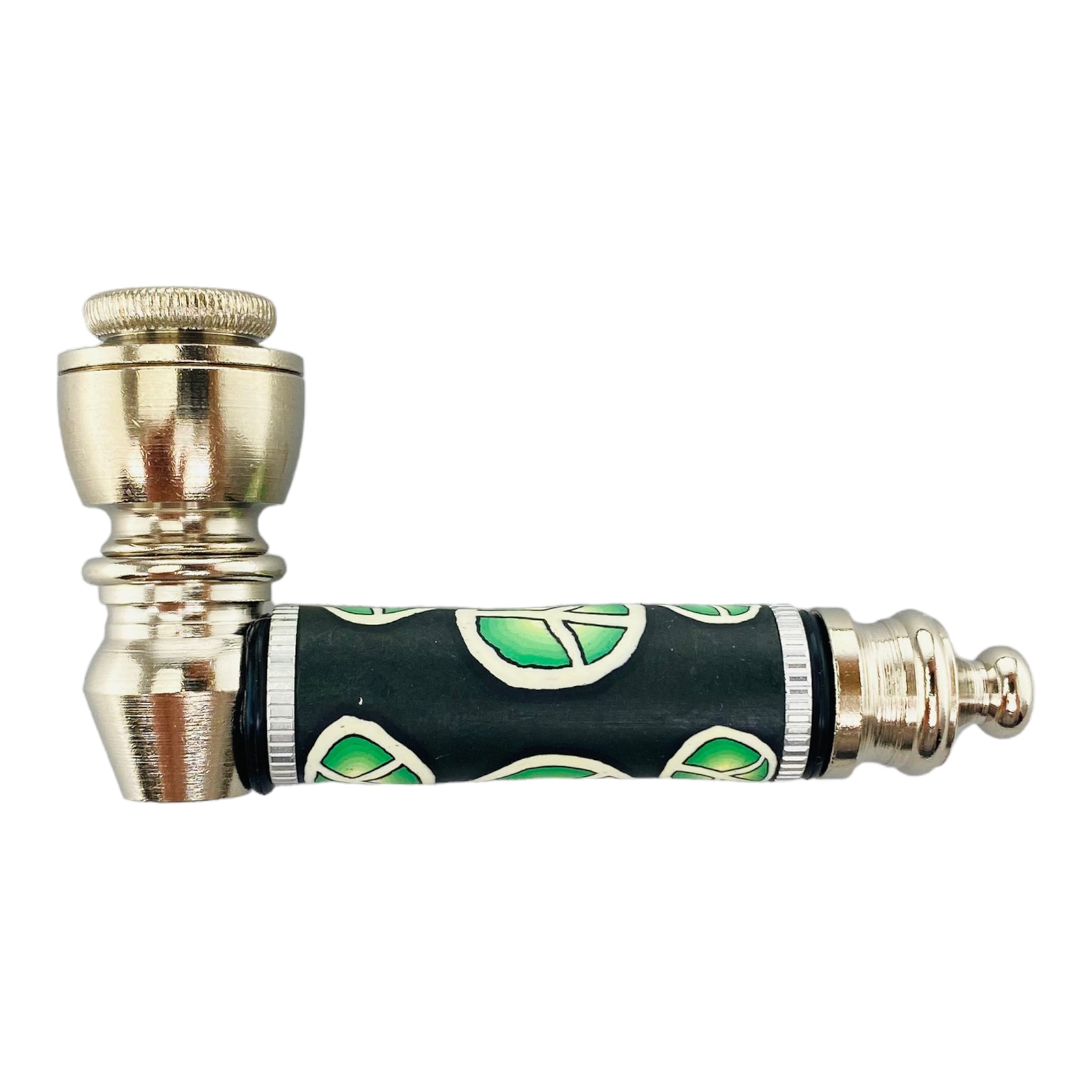 Silver Chrome smoking Hand Pipe With Green Peace Signs
