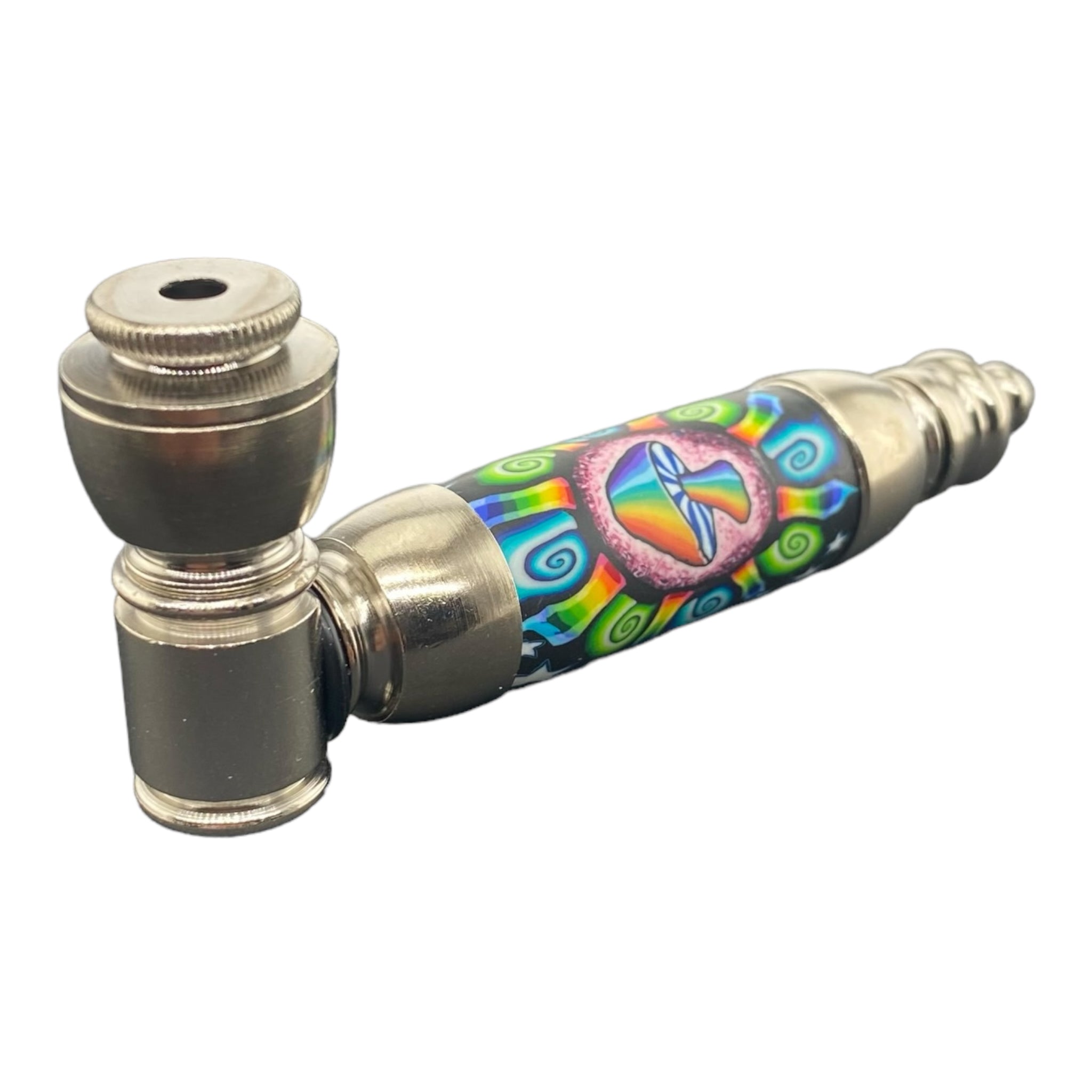 Metal Hand Pipes - Large Chamber Silver Chrome Hand Pipe With Rainbow Blast Mushroom