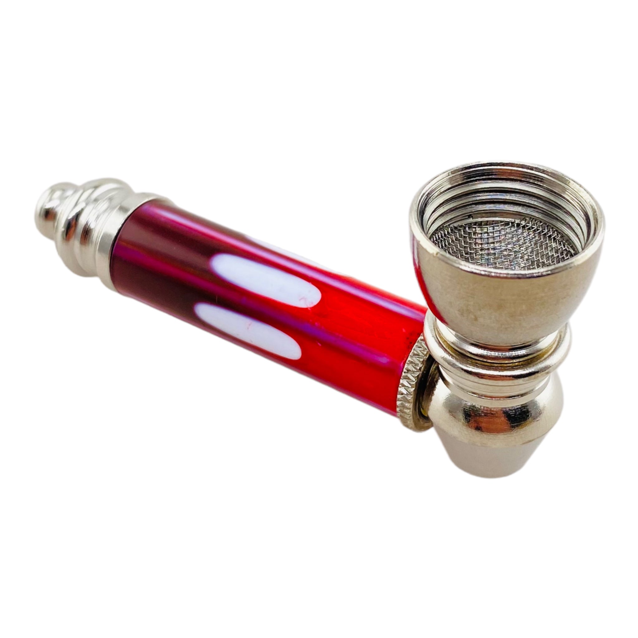 Metal Hand Pipes - Silver Chrome Hand Pipe With Decorative Red Plastic Stem