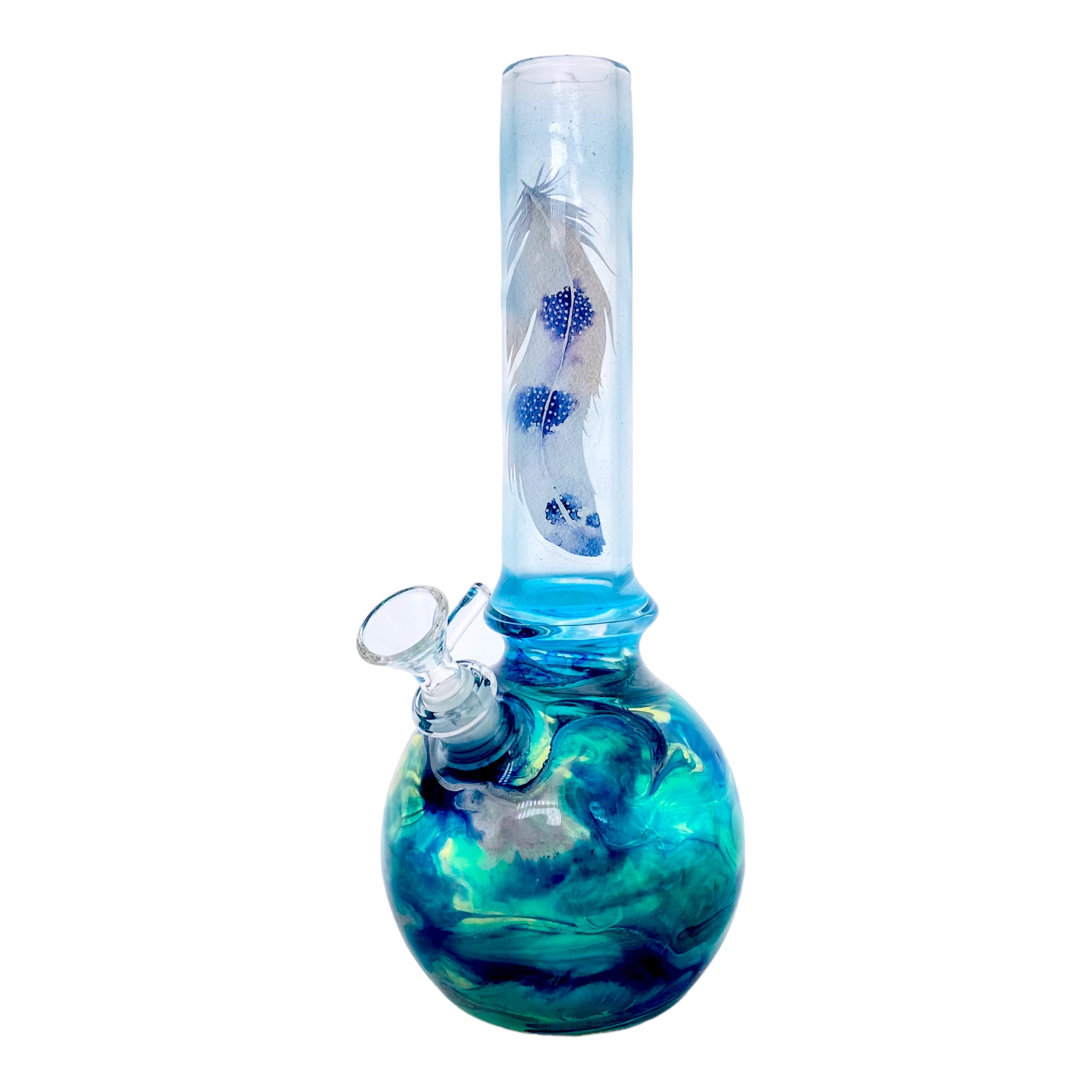 Oregon Blown Glass - Blue And Green With Leaf Decal Bubble Base Bong