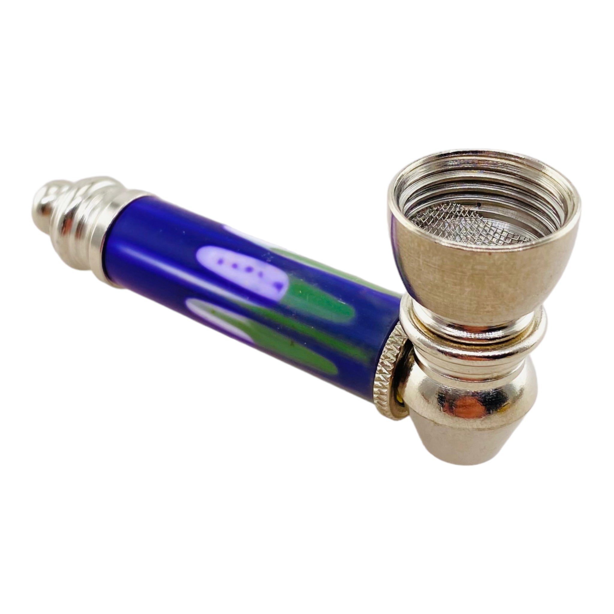 Metal Hand Pipes - Silver Chrome Hand Pipe With Decorative Green And Blue Plastic Stem