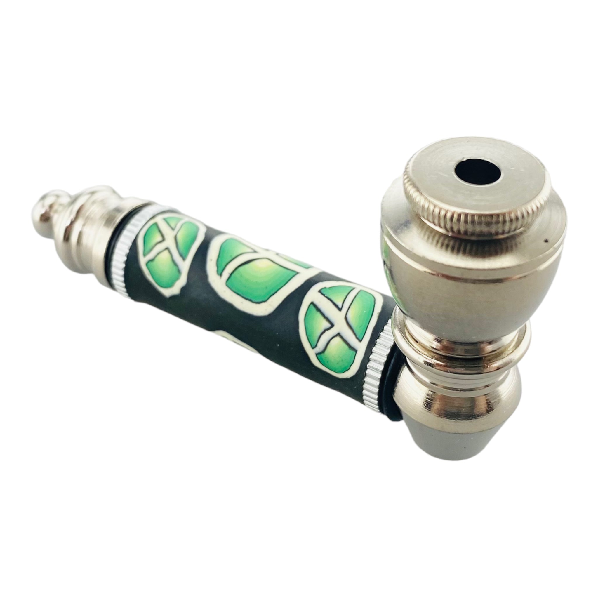 Silver Chrome smoking Hand Pipe With Green Peace Signs