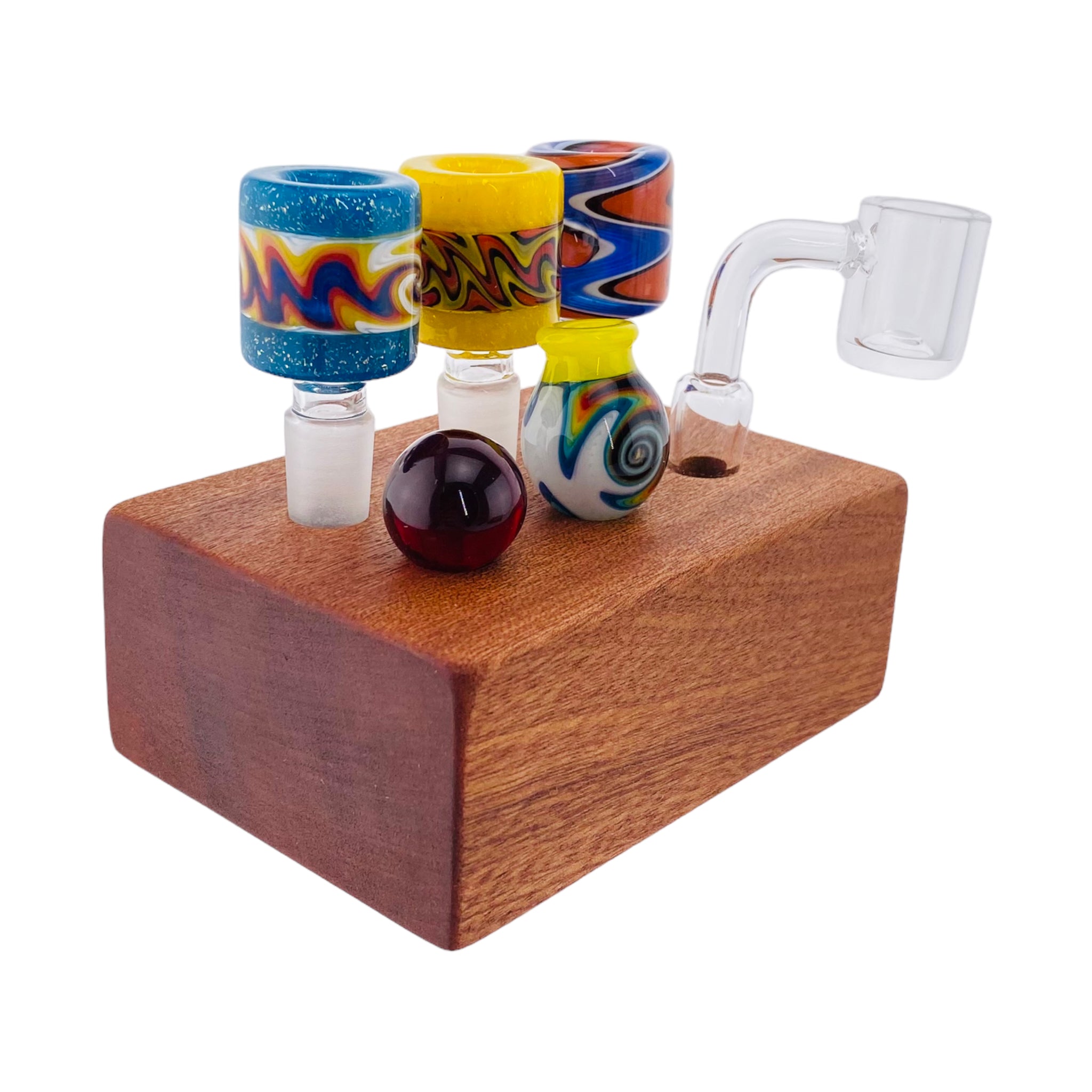 6 Hole Wood Display Stand Holder For 14mm Bong Bowl Pieces Or Quartz Bangers - Mahogany Block