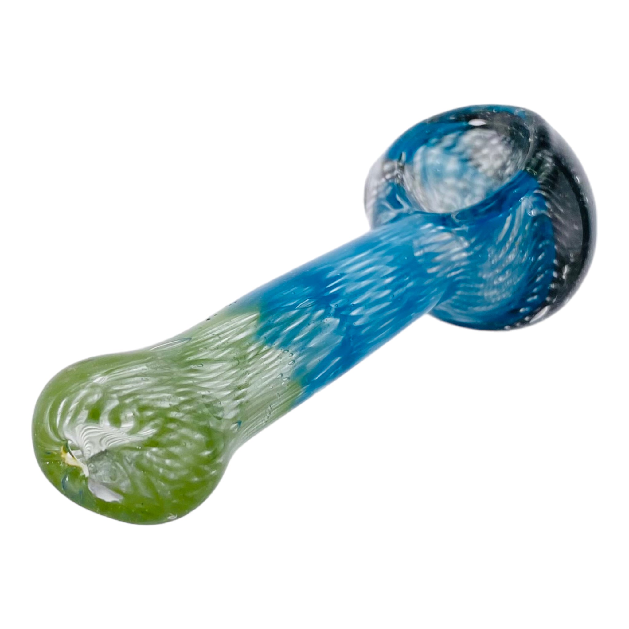 Basic Glass Spoon Pipe With Green Blue and Black Spiral Color Twist