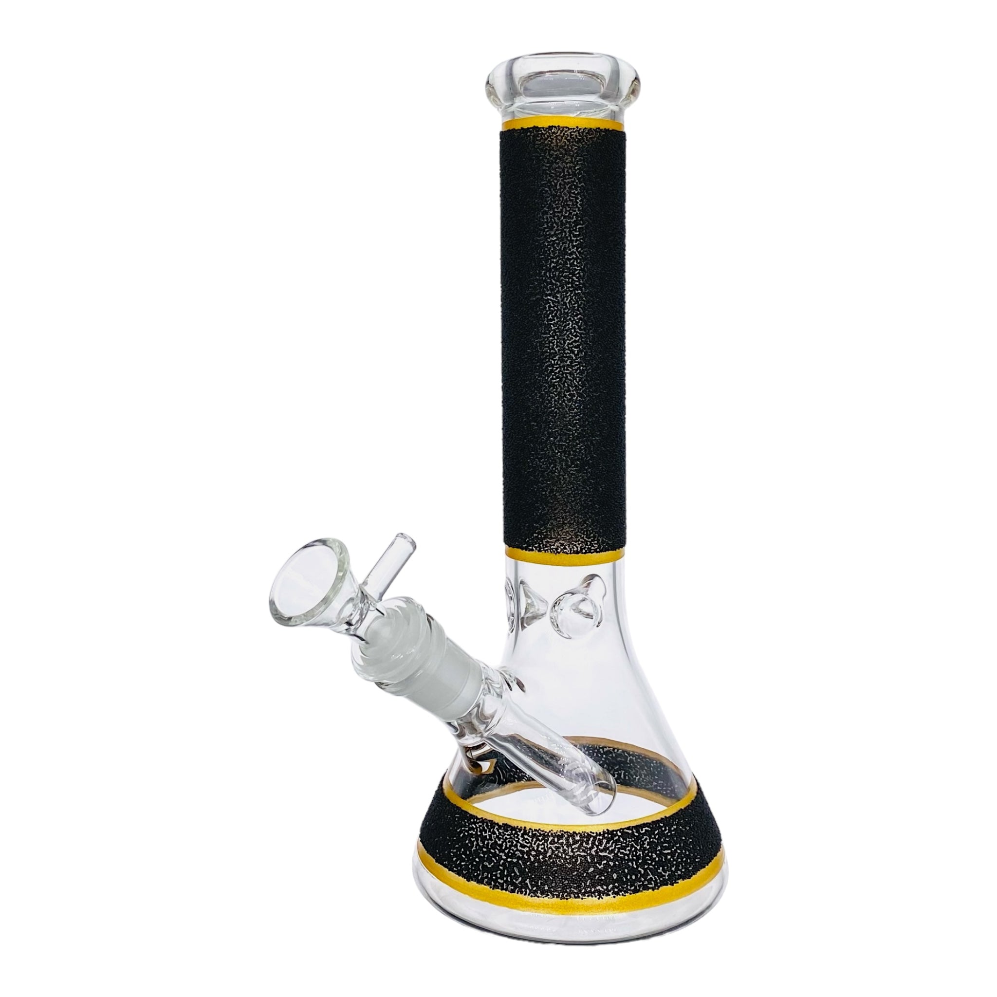 small travel bong 10 Inch Beaker Glass Bong With Black Slag Frit And Gold Bands for sale