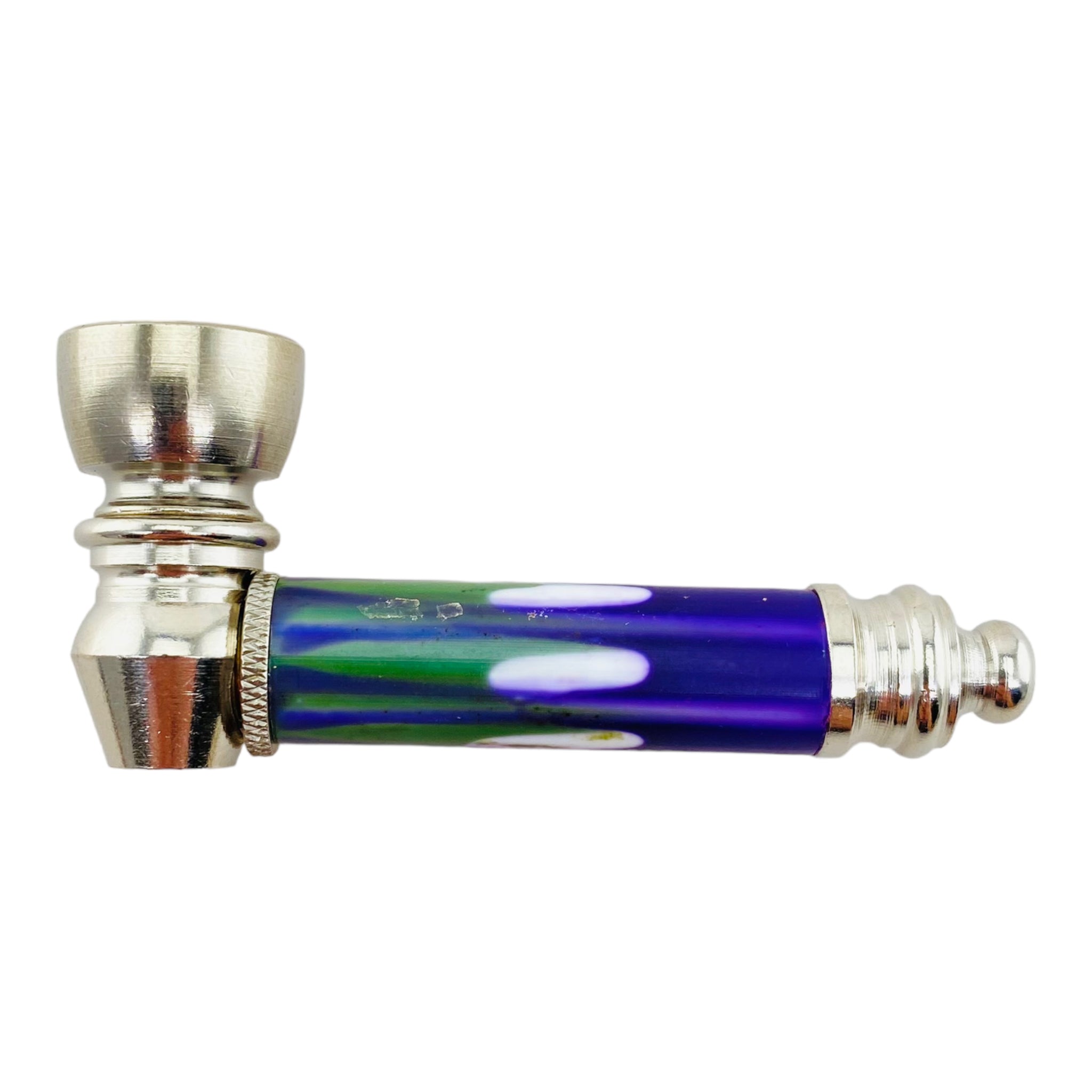 Metal Hand Pipes - Silver Chrome Hand Pipe With Decorative Green And Blue Plastic Stem