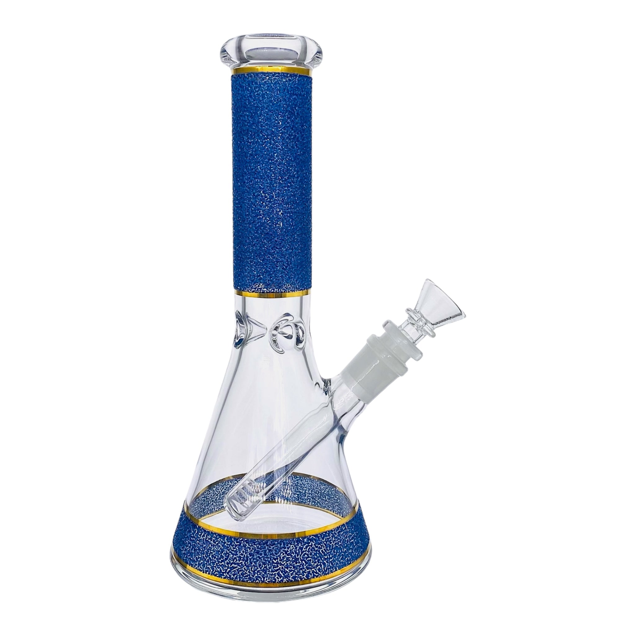 10 Inch Beaker Glass Bong With Naruto Blue Slag Frit And Gold Bands