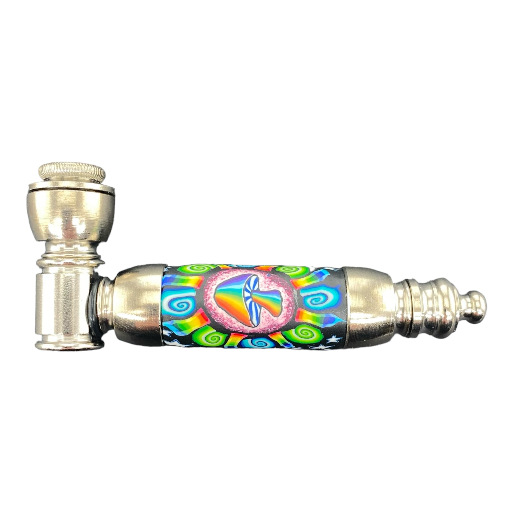 Metal Hand Pipes - Large Chamber Silver Chrome Hand Pipe With Rainbow Blast Mushroom