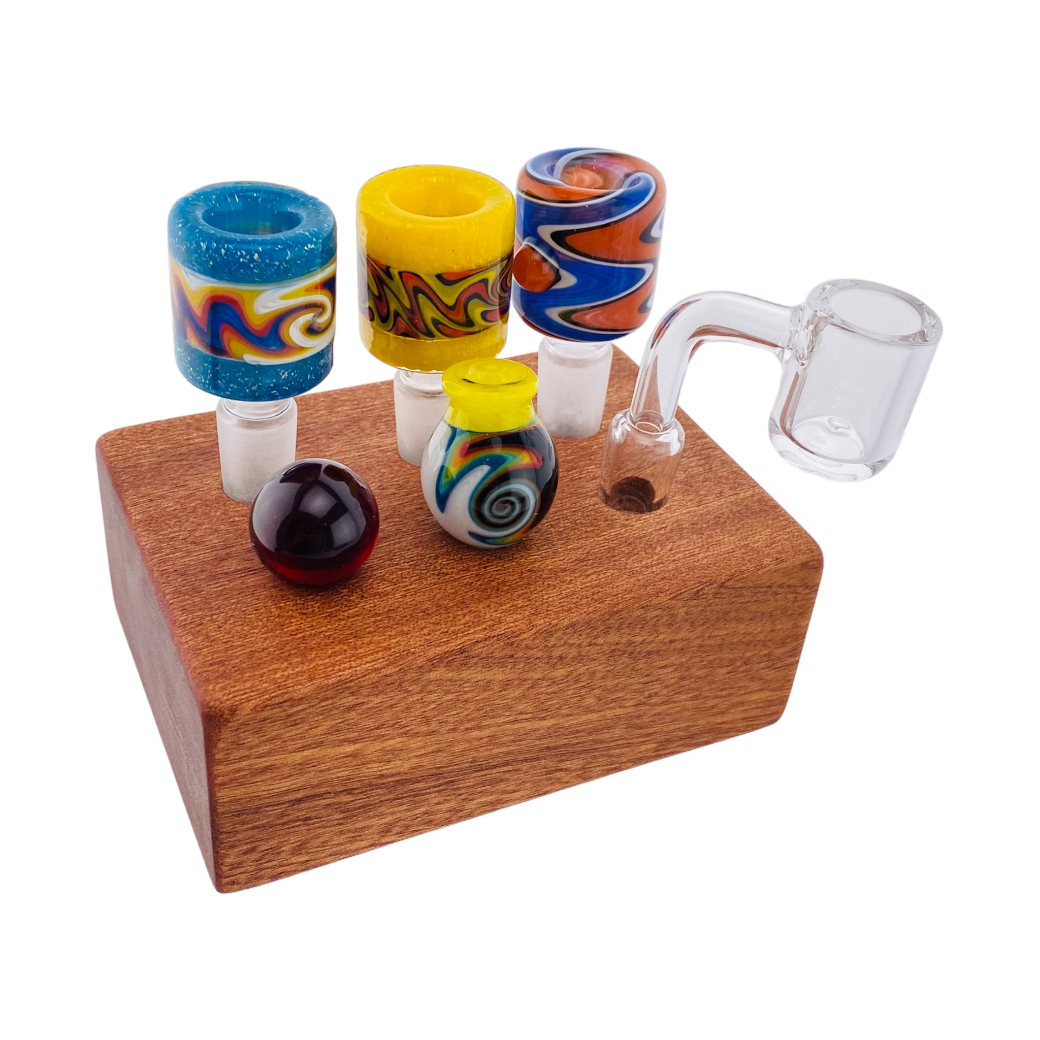 6 Hole Wood Display Stand Holder For 14mm Bong Bowl Pieces Or Quartz Bangers - Mahogany Block