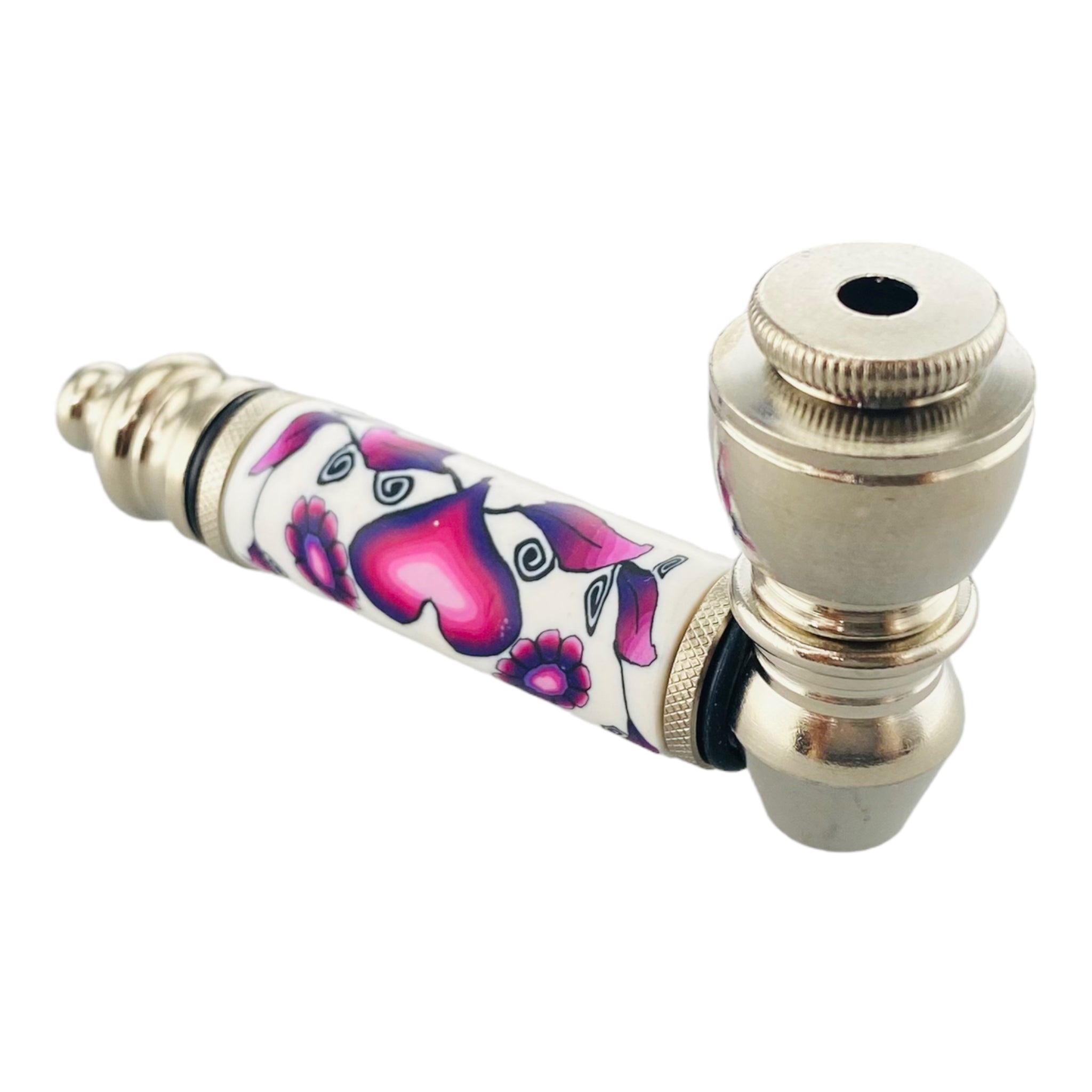 Silver Chrome Hand Pipe With Purple Heart And Flowers