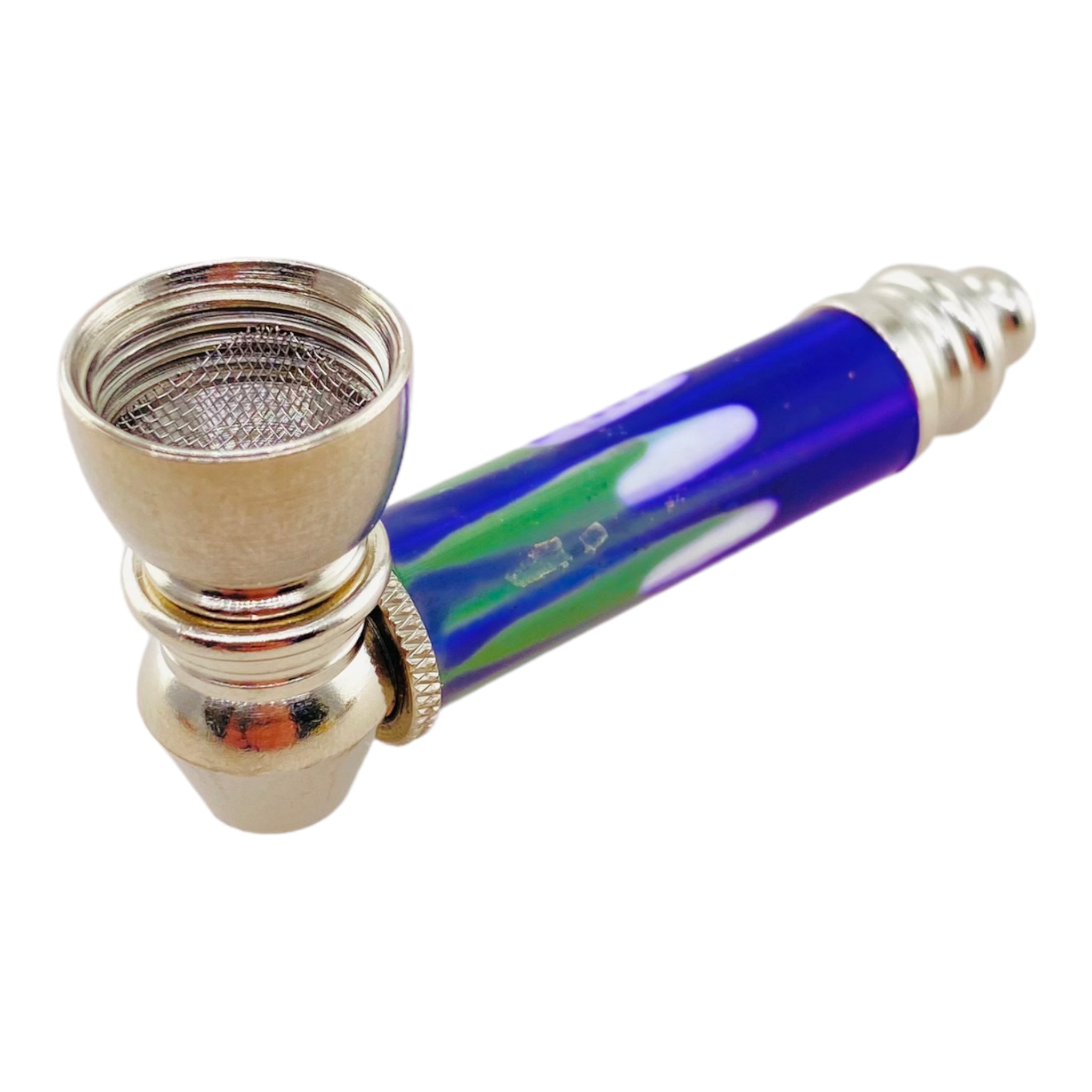 Metal Hand Pipes - Silver Chrome Hand Pipe With Decorative Green And Blue Plastic Stem