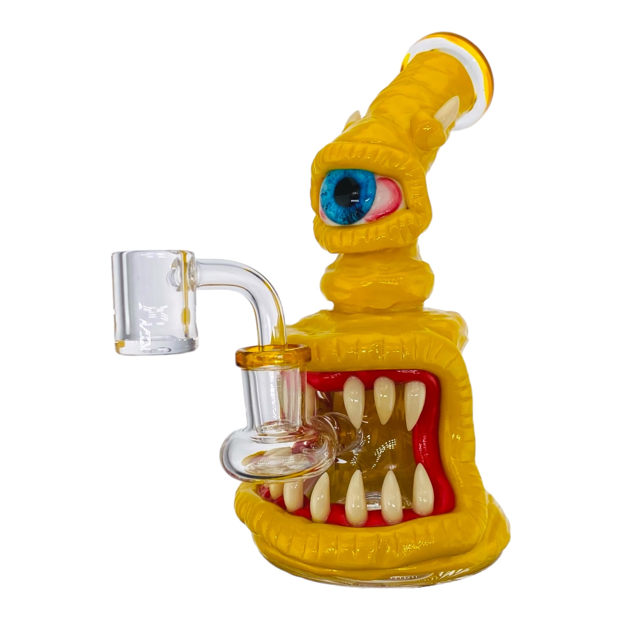 small cute yellow dab rig with halloween cyclops creature monster on it for sale