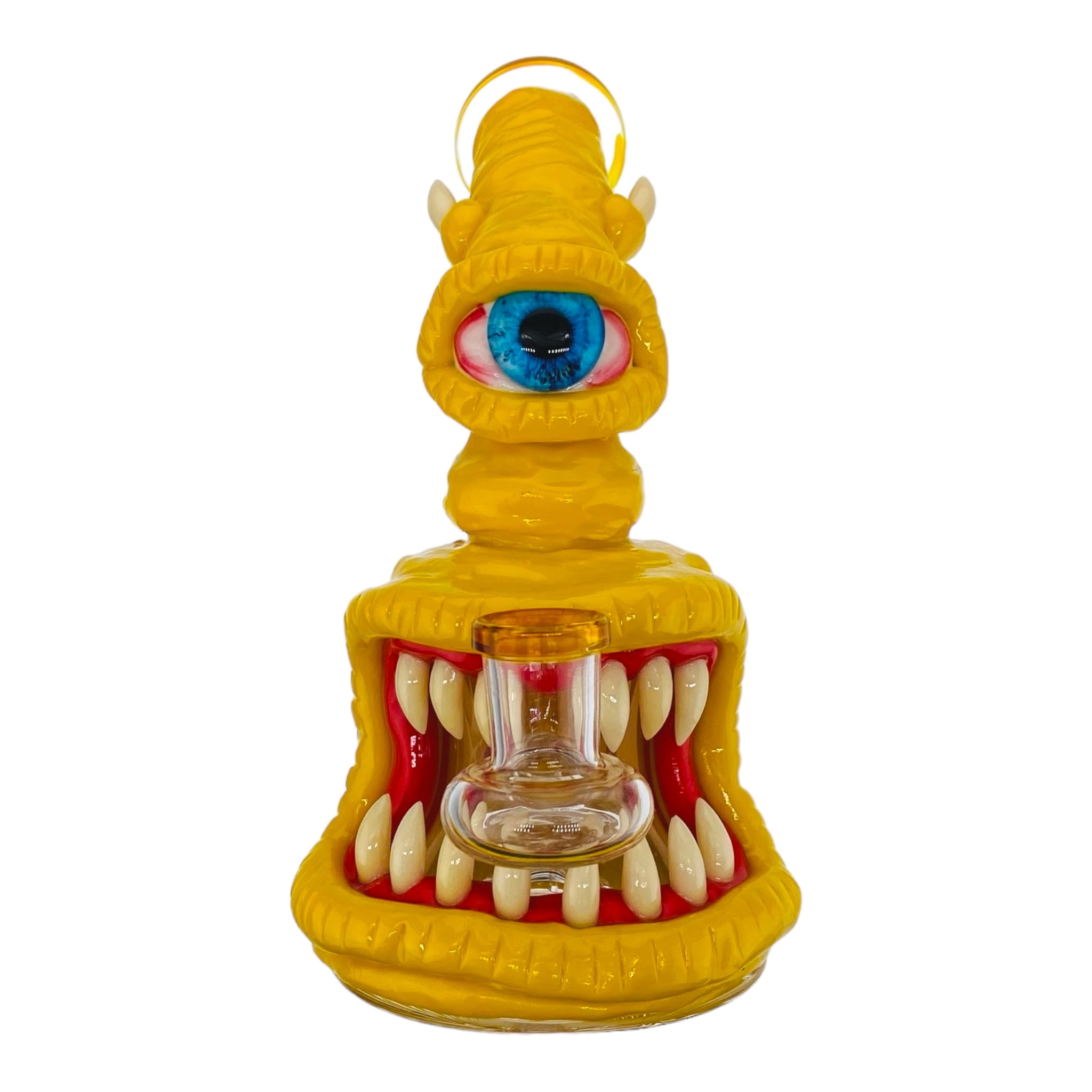 small cute yellow dab rig with halloween cyclops creature monster on it for sale