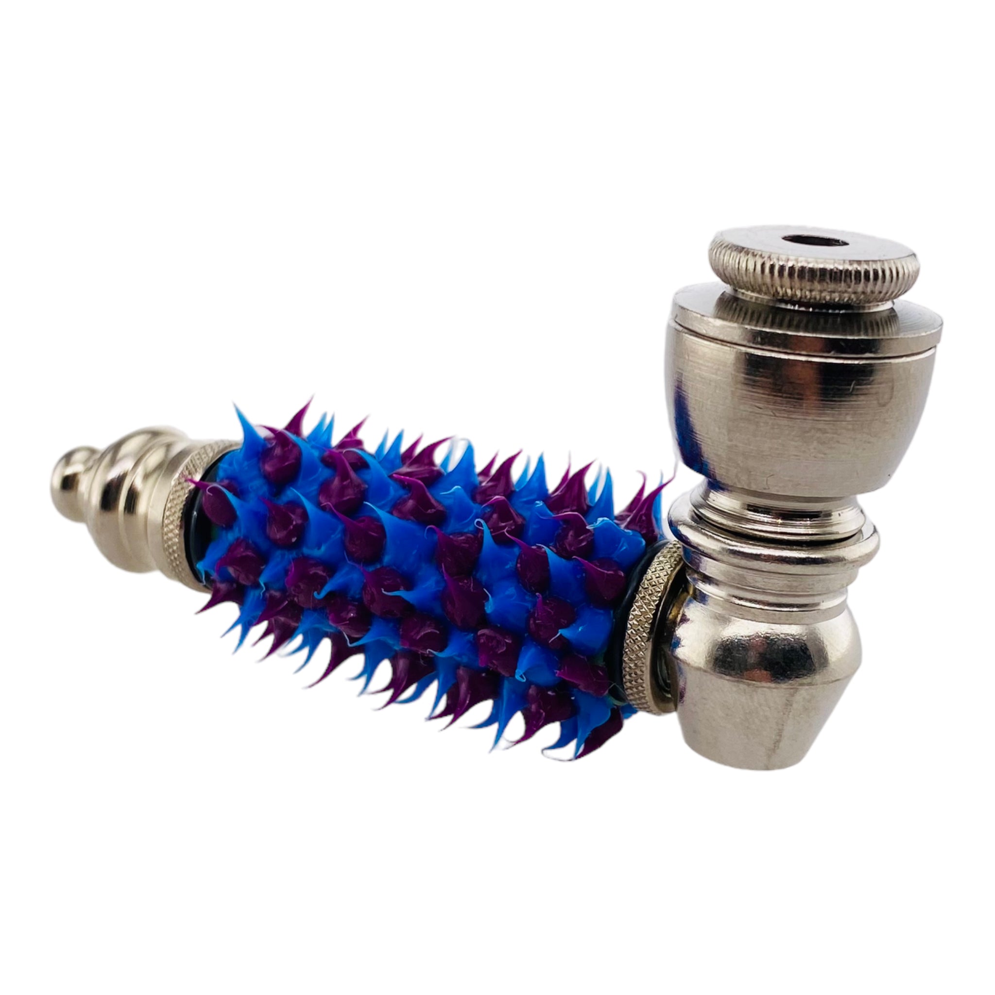 Metal Hand Pipes - Silver Chrome Hand Pipe With Blue And Purple Silicone Spikes