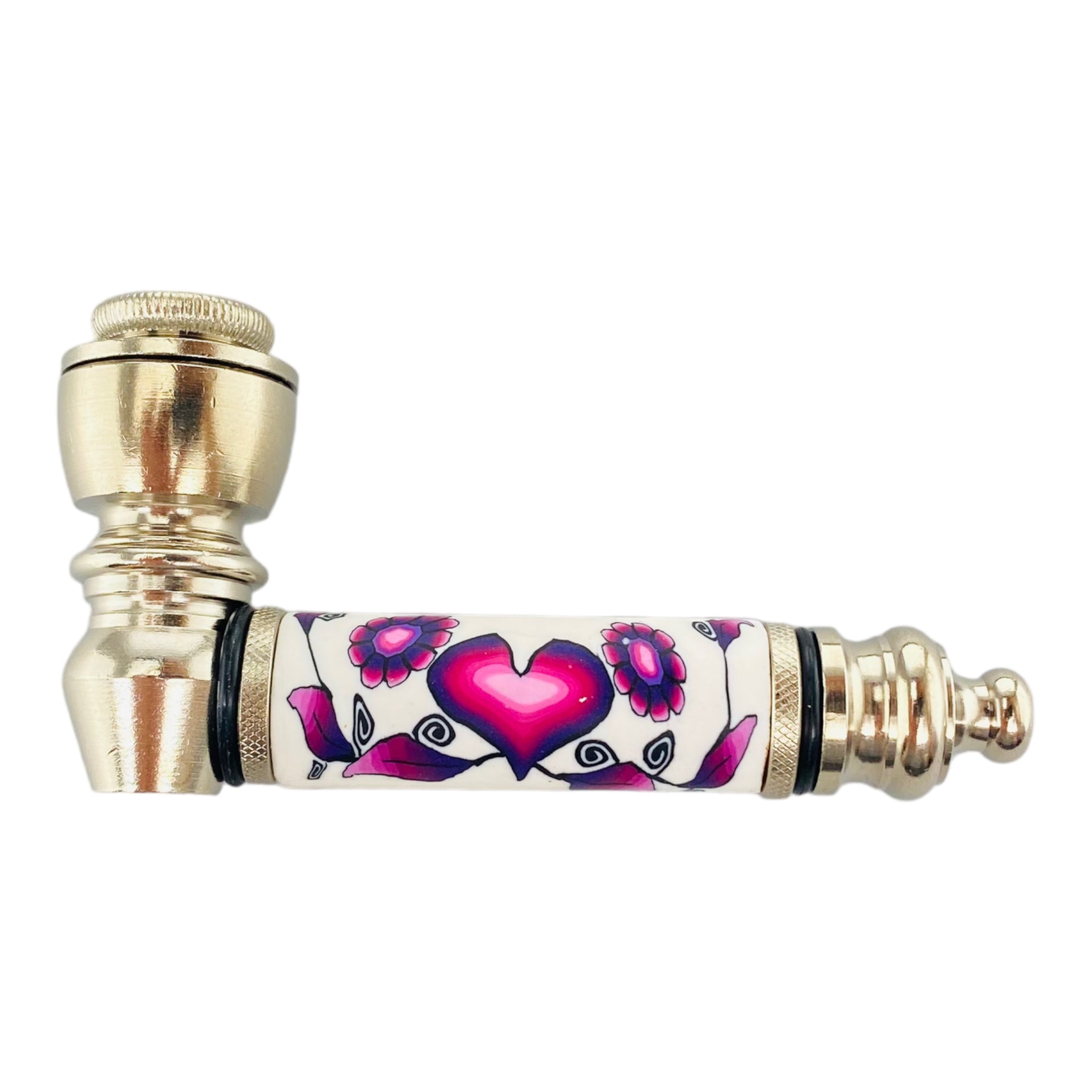 Silver Chrome Hand Pipe With Purple Heart And Flowers