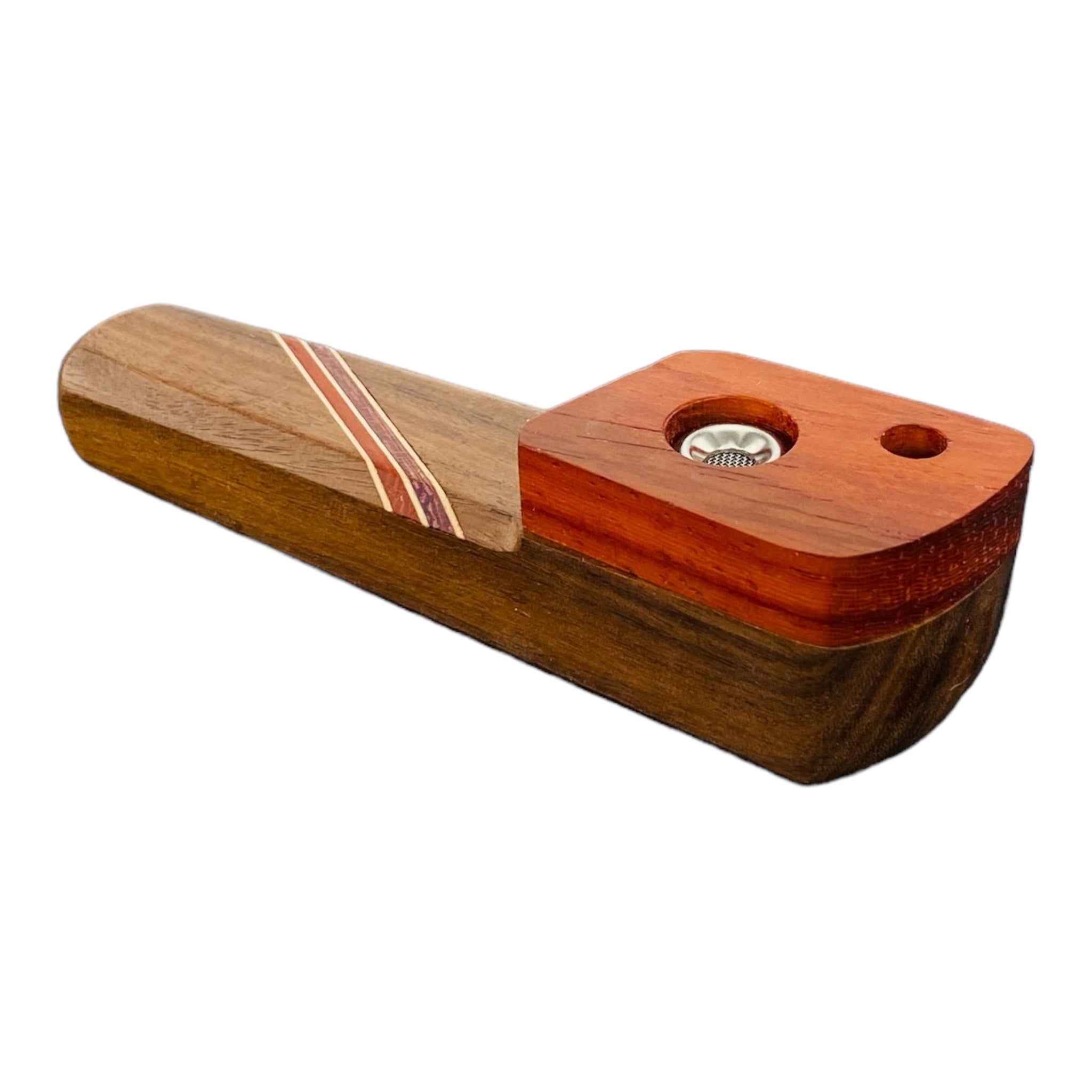 Wood Hand Pipe - Tombstone Hand Pipe With Diagonal Wood Inlay And Lid With Vent