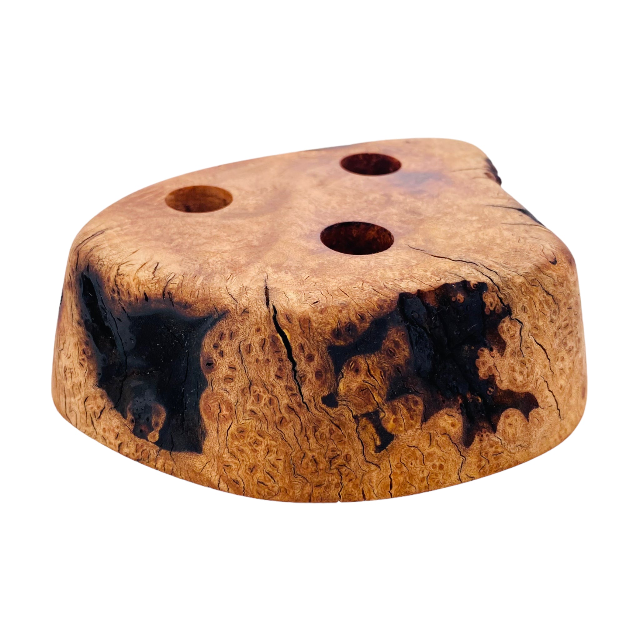 3 Hole Wood Display Stand Holder For 14mm Bong Bowl Pieces Or Quartz Bangers - Charred Manzanita Burl