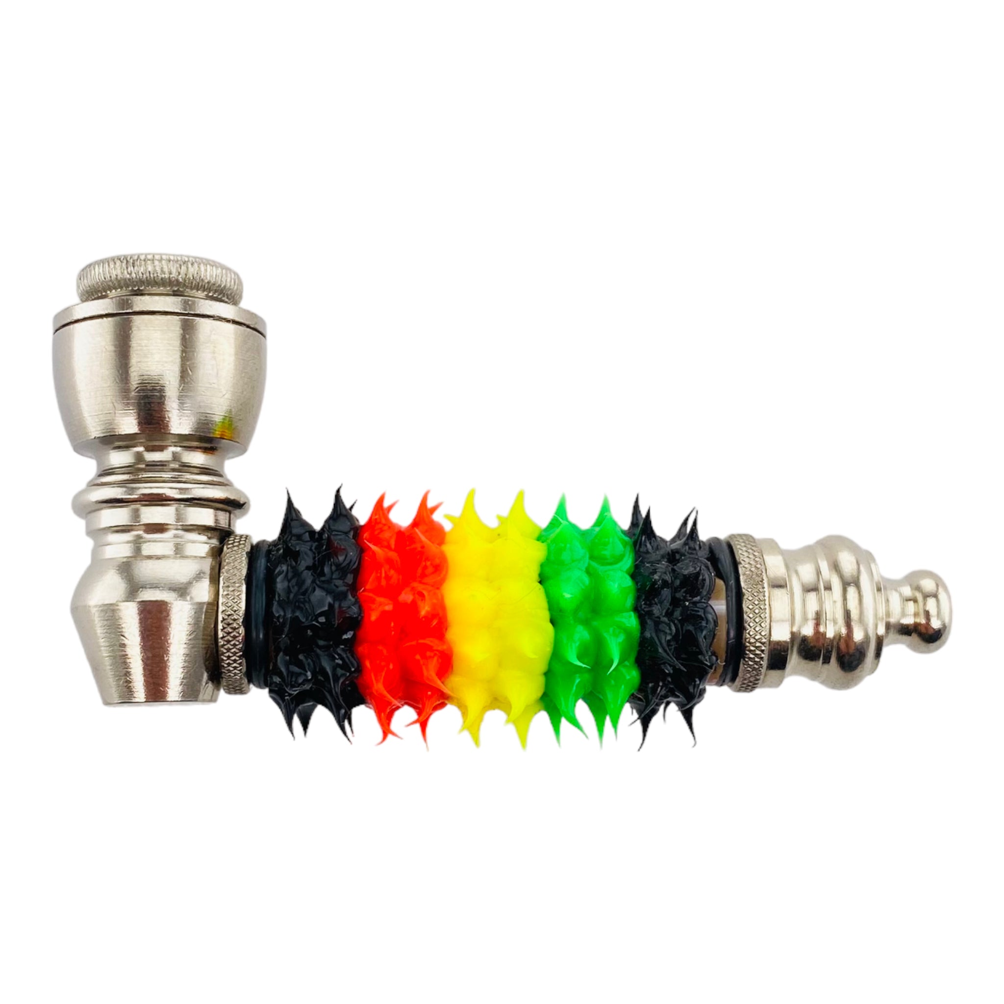 Metal Hand Pipes - Silver Chrome Hand Pipe With Skull With Rasta Silicone Spikes