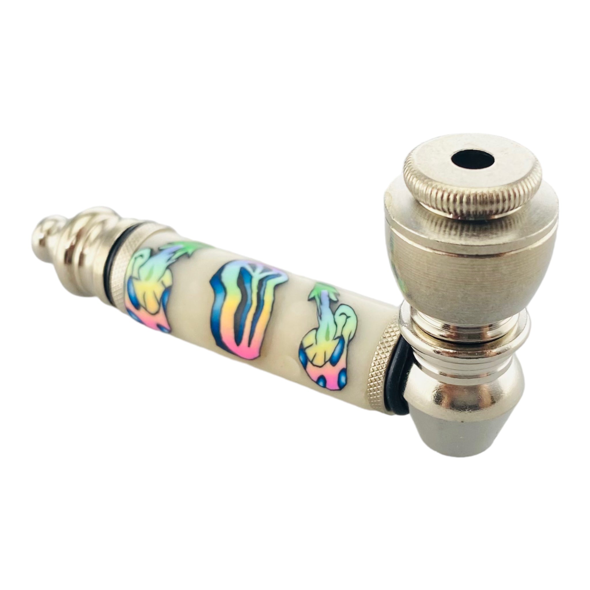 Silver Chrome Hand Pipe With Rainbow Fade Magical Mushroom And Peace Sign
