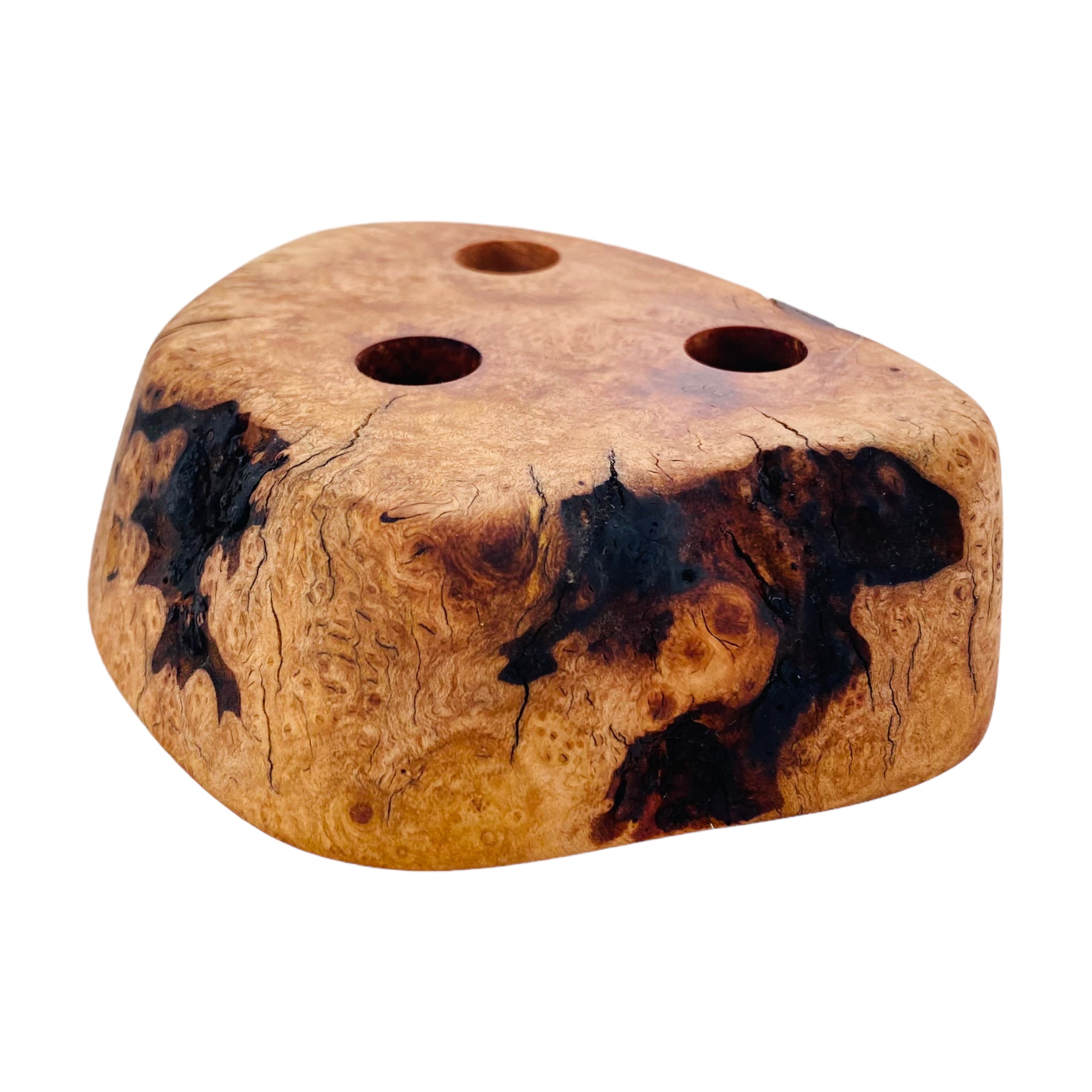 3 Hole Wood Display Stand Holder For 14mm Bong Bowl Pieces Or Quartz Bangers - Charred Manzanita Burl