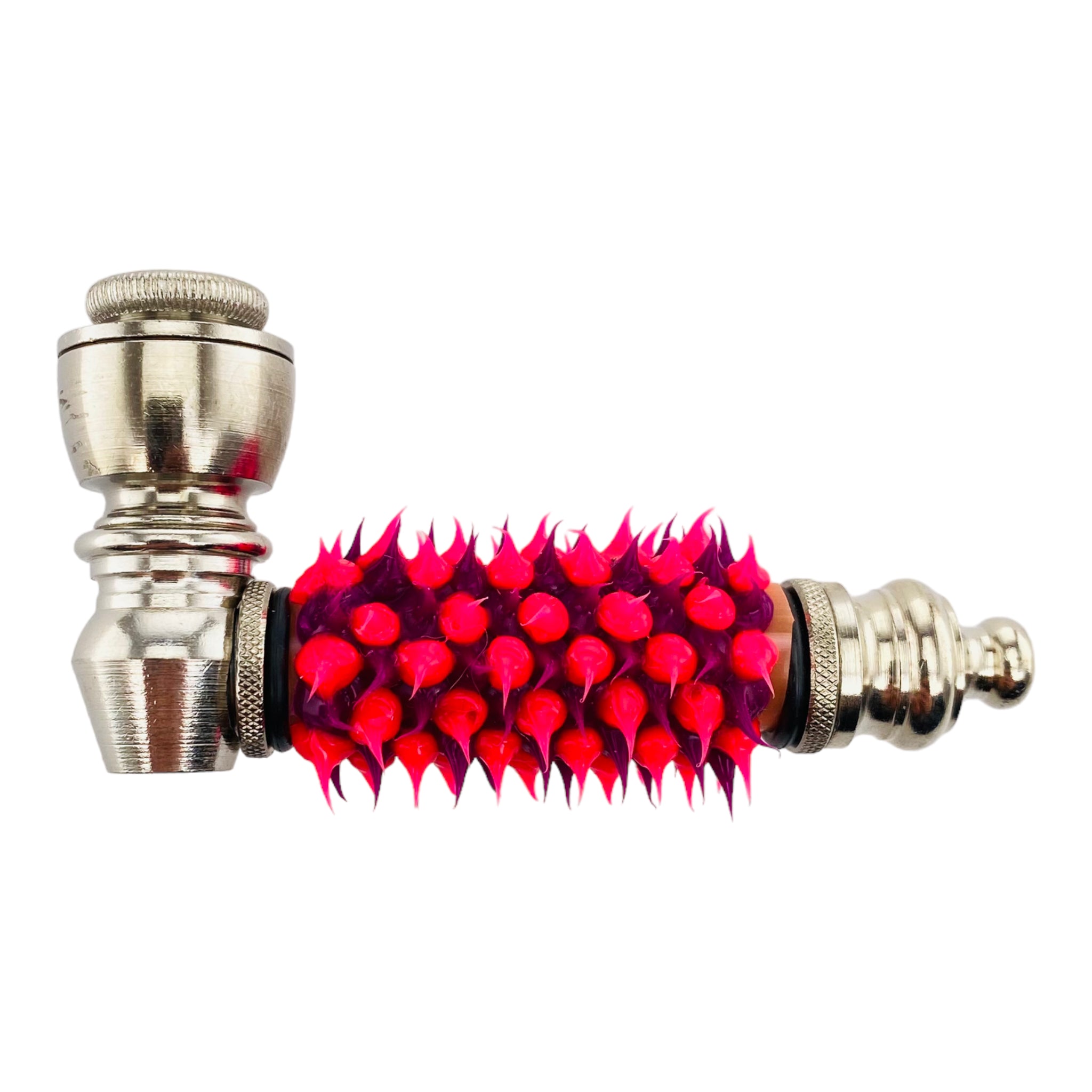 Metal Hand Pipes - Silver Chrome Hand Pipe With Skull With Pink Silicone Spikes